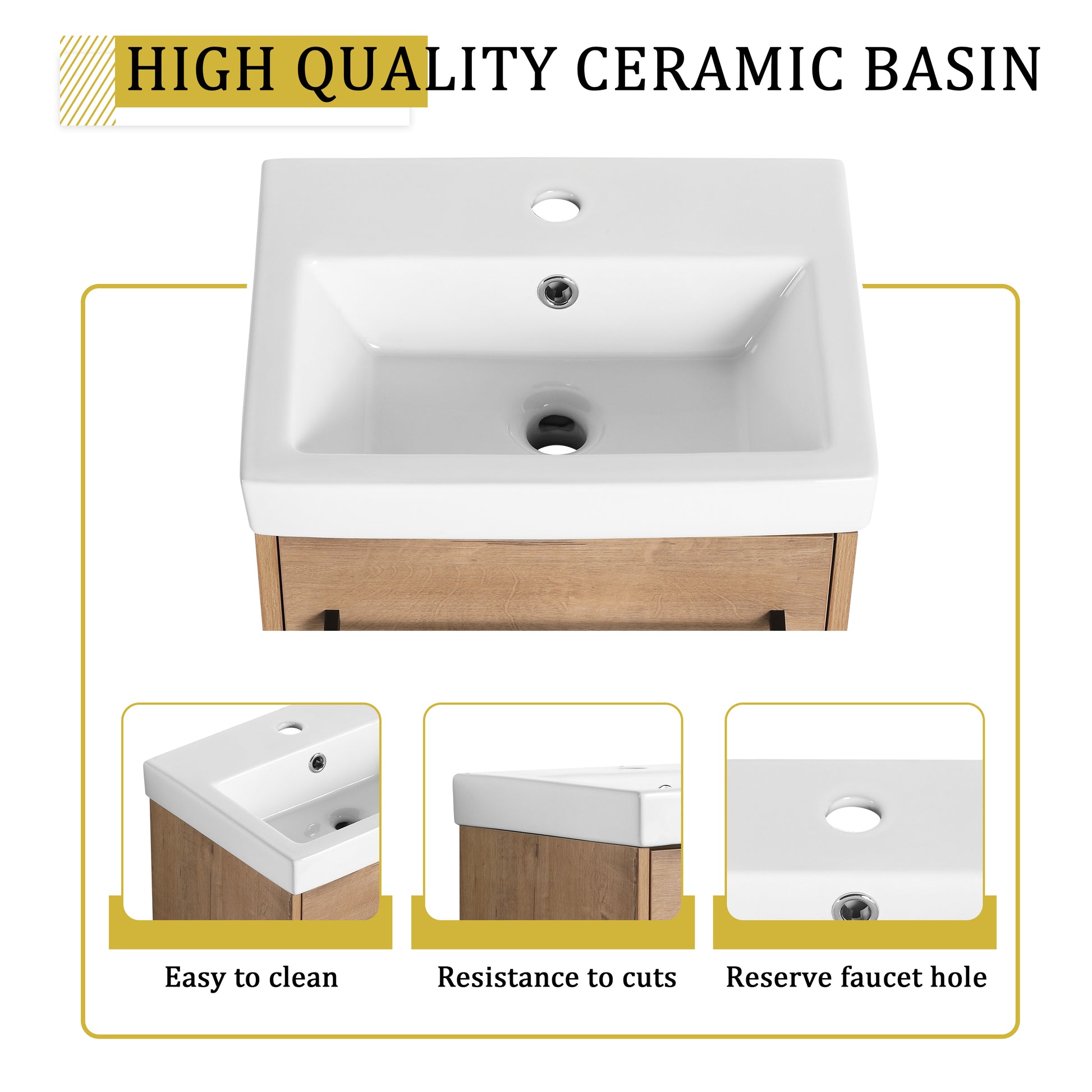 18'' Floating Wall Mounted Bathroom Vanity With Ceramic Sink & Soft Close Cabinet Door, For Small Bathroom Imitative Oak Bathroom Modern Plywood