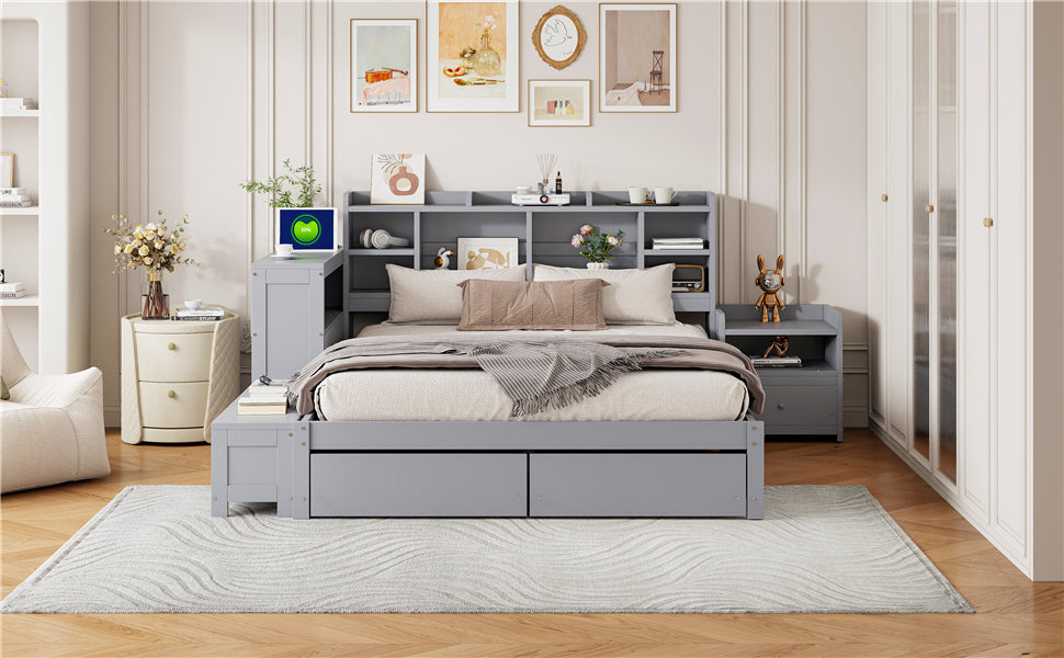 Full Size Wooden Platform Bed With Multi Functional Storage Space, Nightstand, 2 Drawers, Usb Ports And Desk, Gray Full Gray Wood