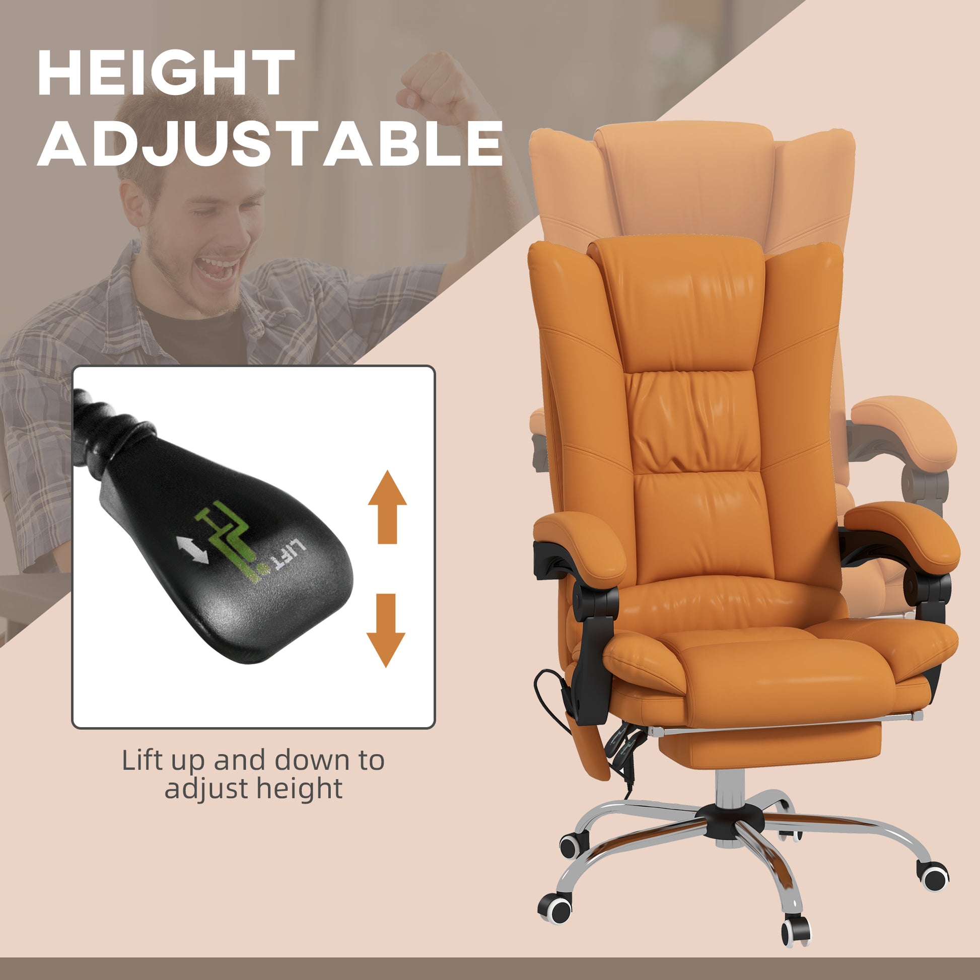 Vinsetto Executive Massage Office Chair With 4 Vibration And Heat, 3 Modes, Pu Leather Swivel Chair With Adjustable Height, Reclining Back, And Footrest, Light Brown Light Brown Pu Leather