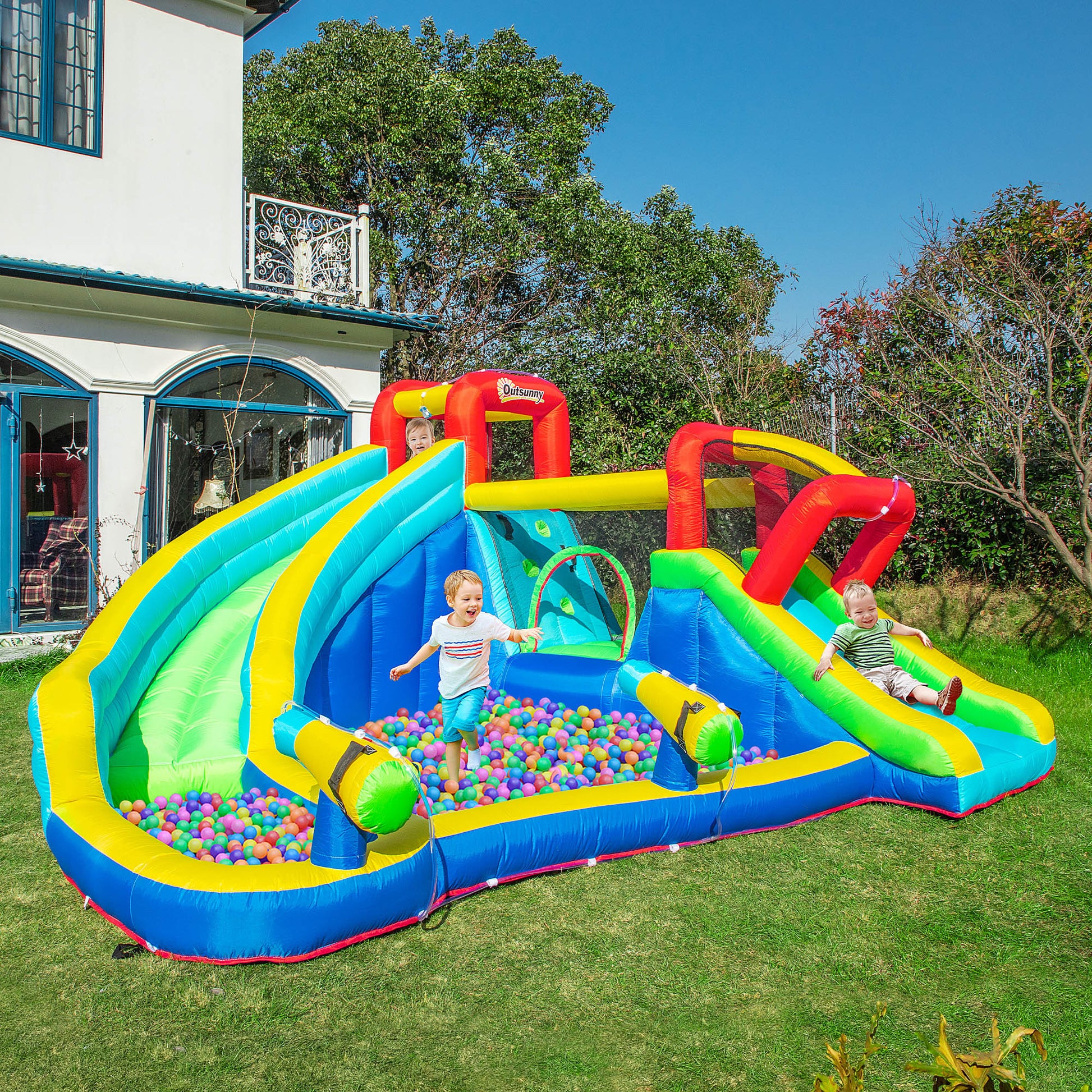 Outsunny 5 In 1 Inflatable Water Slide Kids Bounce House Water Park Jumping Castle Includes Trampoline Slide Water Pool Cannon Climbing Wall With Carry Bag, Repair Patches, 450W Air Blower Colorful Polyester