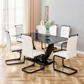 Table And Chair Set, Modern Dining Table, Patterned Table Top And Black Mdf Table Legs, Soft And Comfortable Dining Chair, Perfect For Dinner, Meetings, Home And Office Decor White Black Mdf Glass