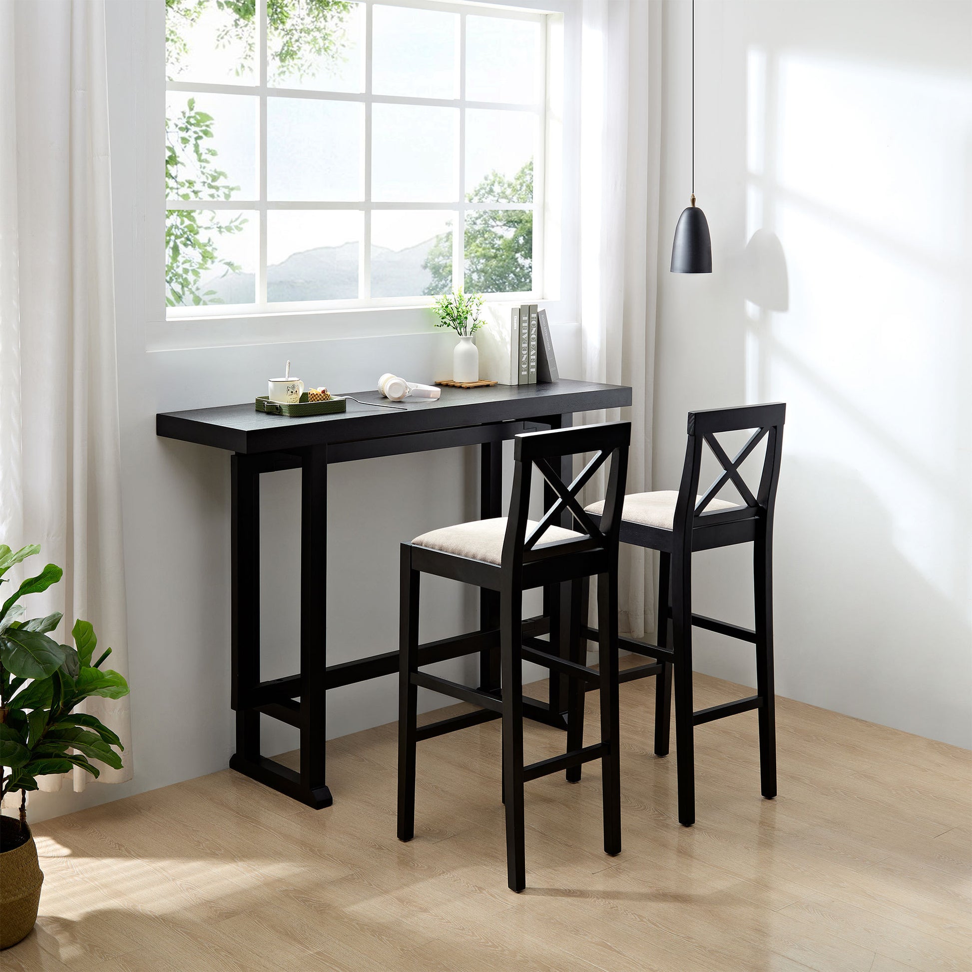 Bar Table, Extra Long Entryway Table For Entryway, Hallway, Living Room, Foyer, Corridor, Rectangular Wood High Top Kitchen Dining Table, Black Matt Black Solid Wood Mdf