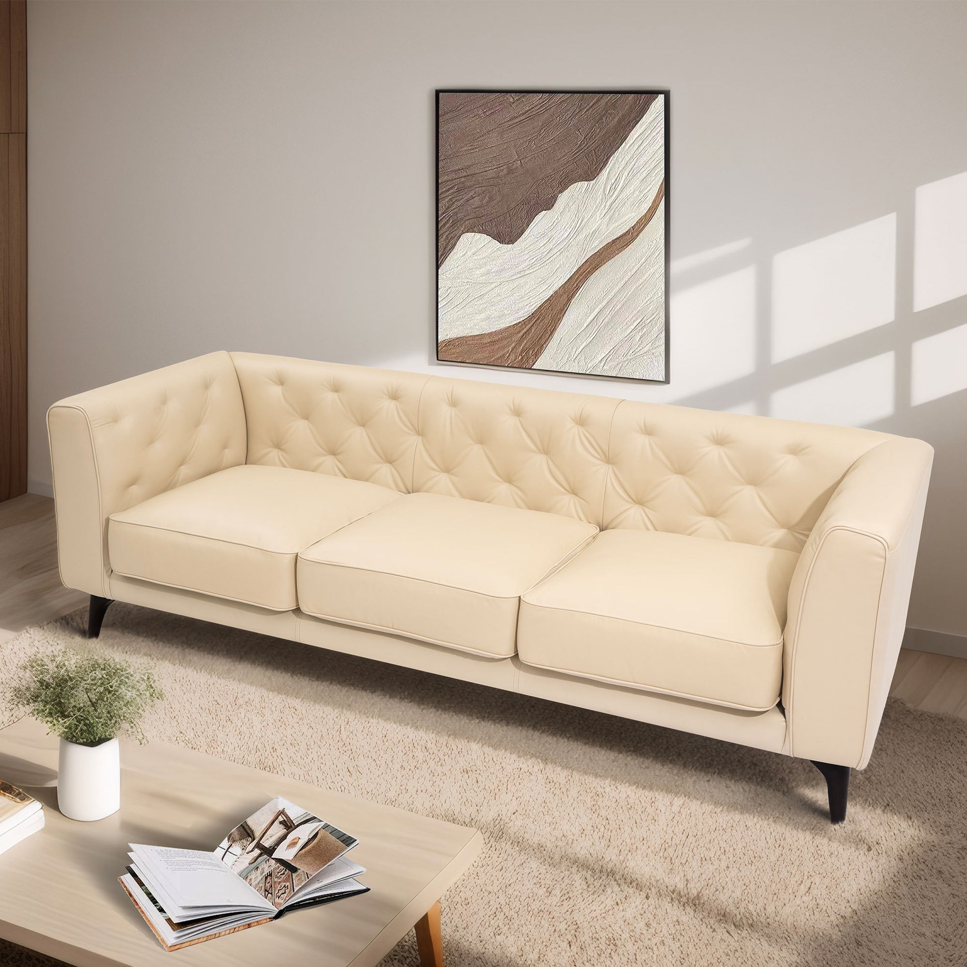 92.52 Inch Genuine Leather Couch 3 Seater Sofa With Tufted Back,Grain Leather Couch With Feather,Down Topper On Seating Surfaces Sofa For Living Room, Comfy Sofa Couch With Extra Deep Seats,Beige92.52 Beige Genuine Leather 3 Seat