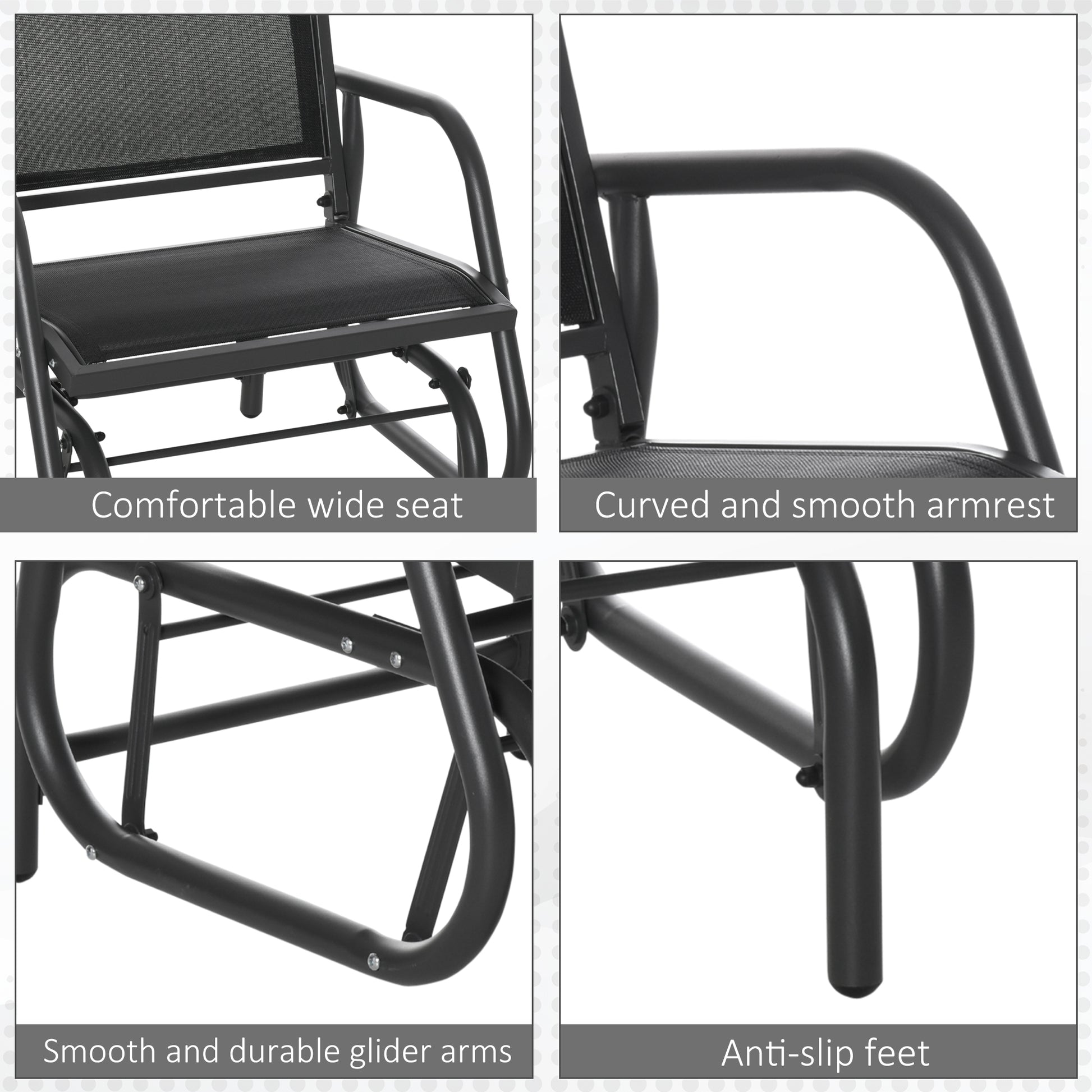 Outsunny Porch Glider, Metal Frame Swing Glider Chair Withmesh Fabric, Curved Armrests And Steel Frame For Garden, Poolside, Backyard, Balcony, Black Black Fabric Metal