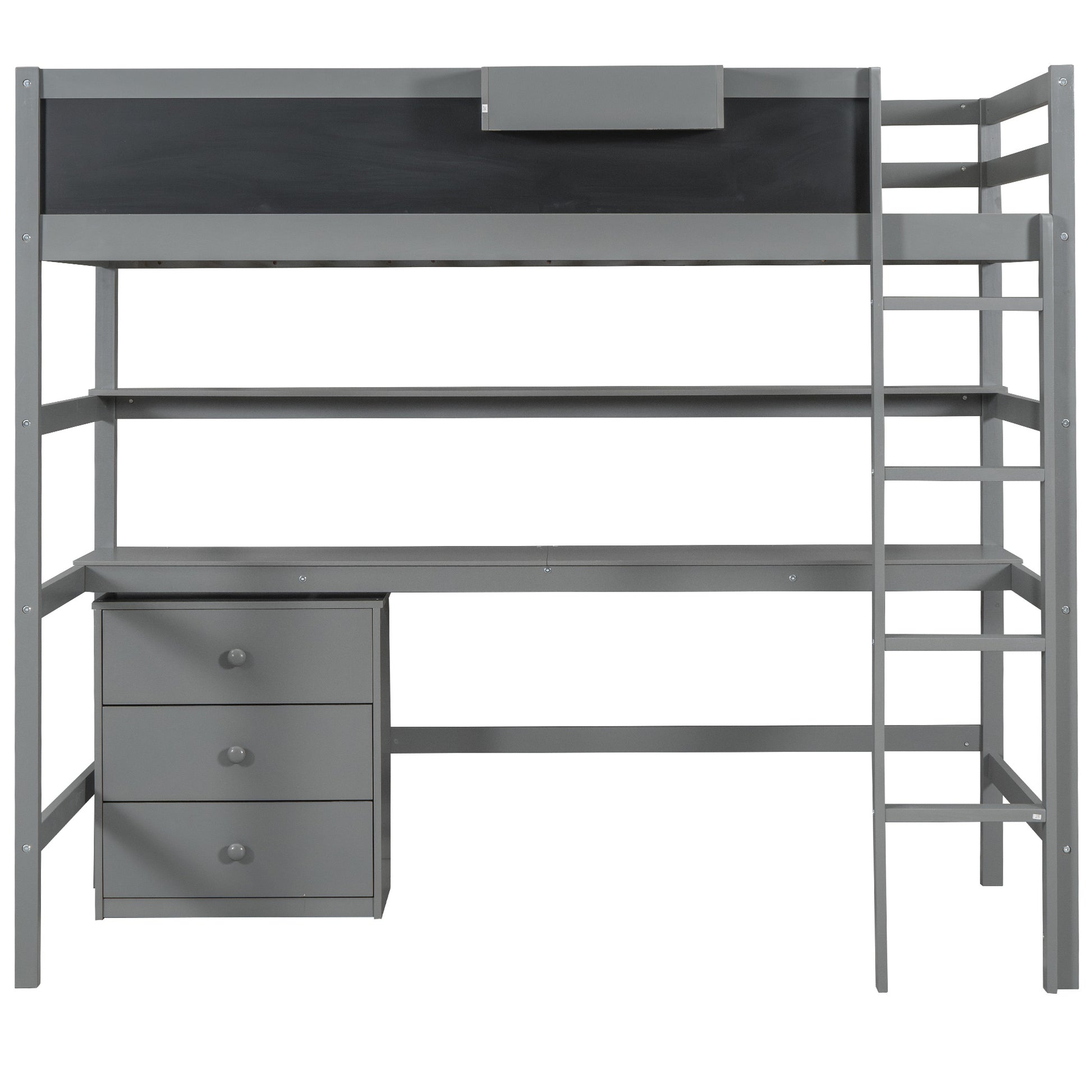 Wood Twin Size Loft Bed With Desk, Blackboard, Storage Box, Shelf And 3 Drawers, Gray Box Spring Not Required Twin Gray Wood Solid Wood Mdf