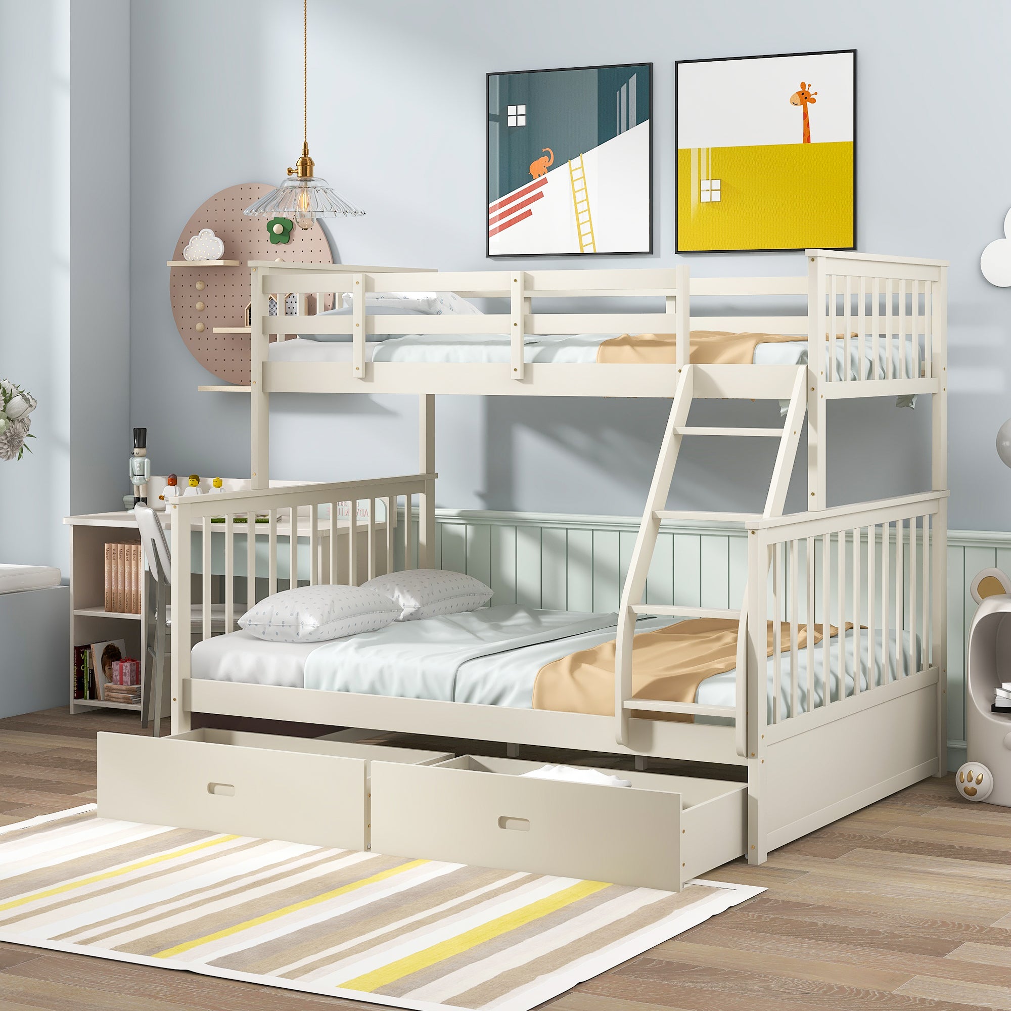 Twin Over Full Bunk Bed With Storage Drawers, Wooden Bunk Bed With Ladder And Safety Guard Rails Cream Full Cream Wood