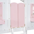 Twin Over Twin House Bunk Bed With Roofwindow, Window Box, Doorwith Safety Guardrails And Ladder, Pink White Twin Pink White Pine