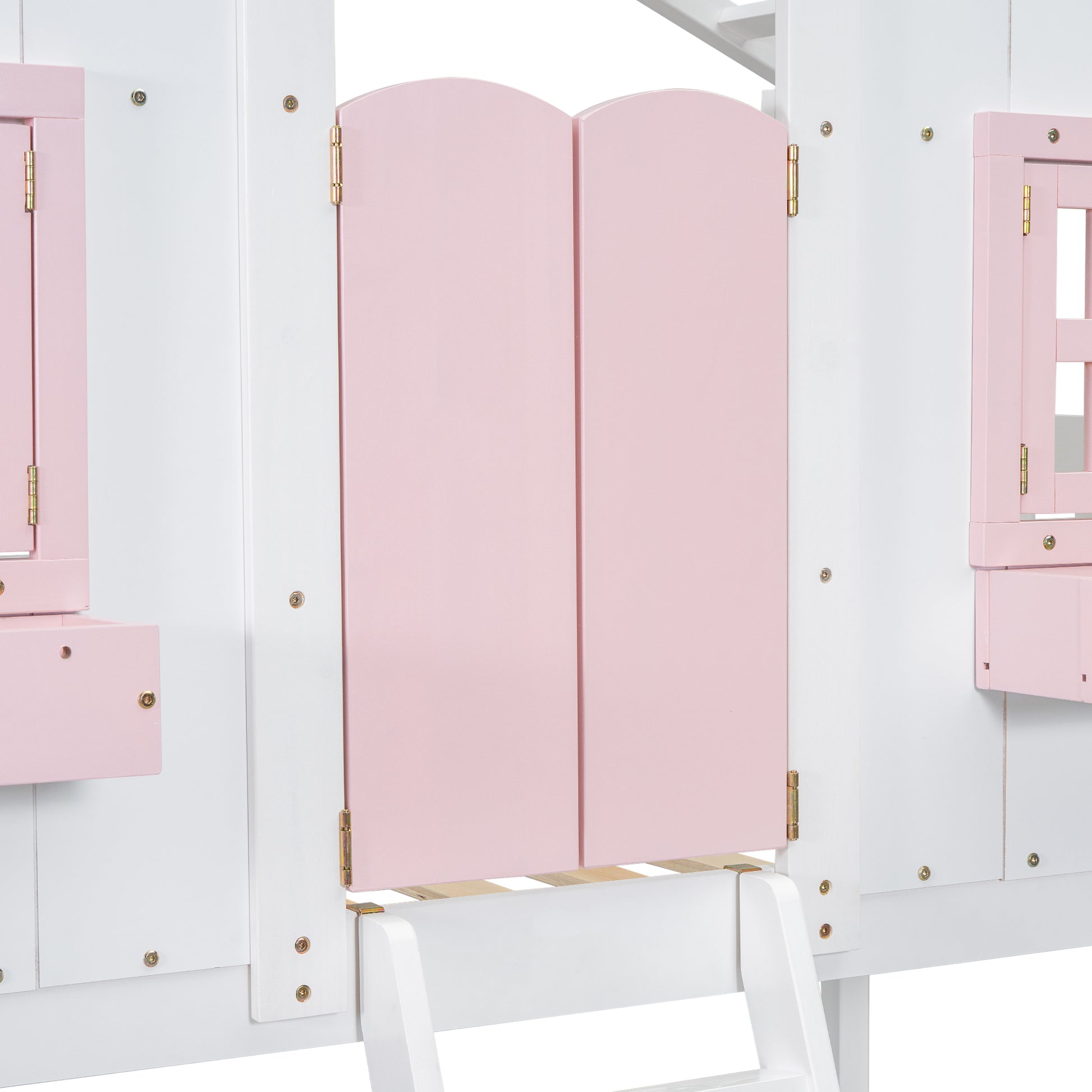 Twin Over Twin House Bunk Bed With Roofwindow, Window Box, Doorwith Safety Guardrails And Ladder, Pink White Twin Pink White Pine