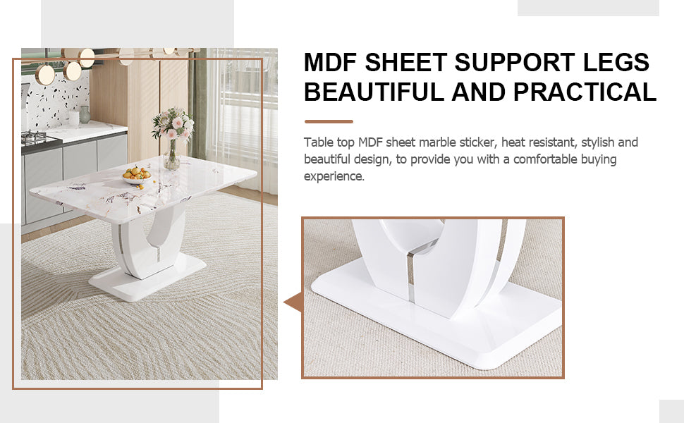 Table And Chair Set, Modern Luxurious White Imitation Marble Pattern Mdf Dining Table,Rectangular Dining Table, Matched With Uniquely Shaped Pu High Backrest Seats,Suitable For Various Occasions. White Black Seats 4 Mdf