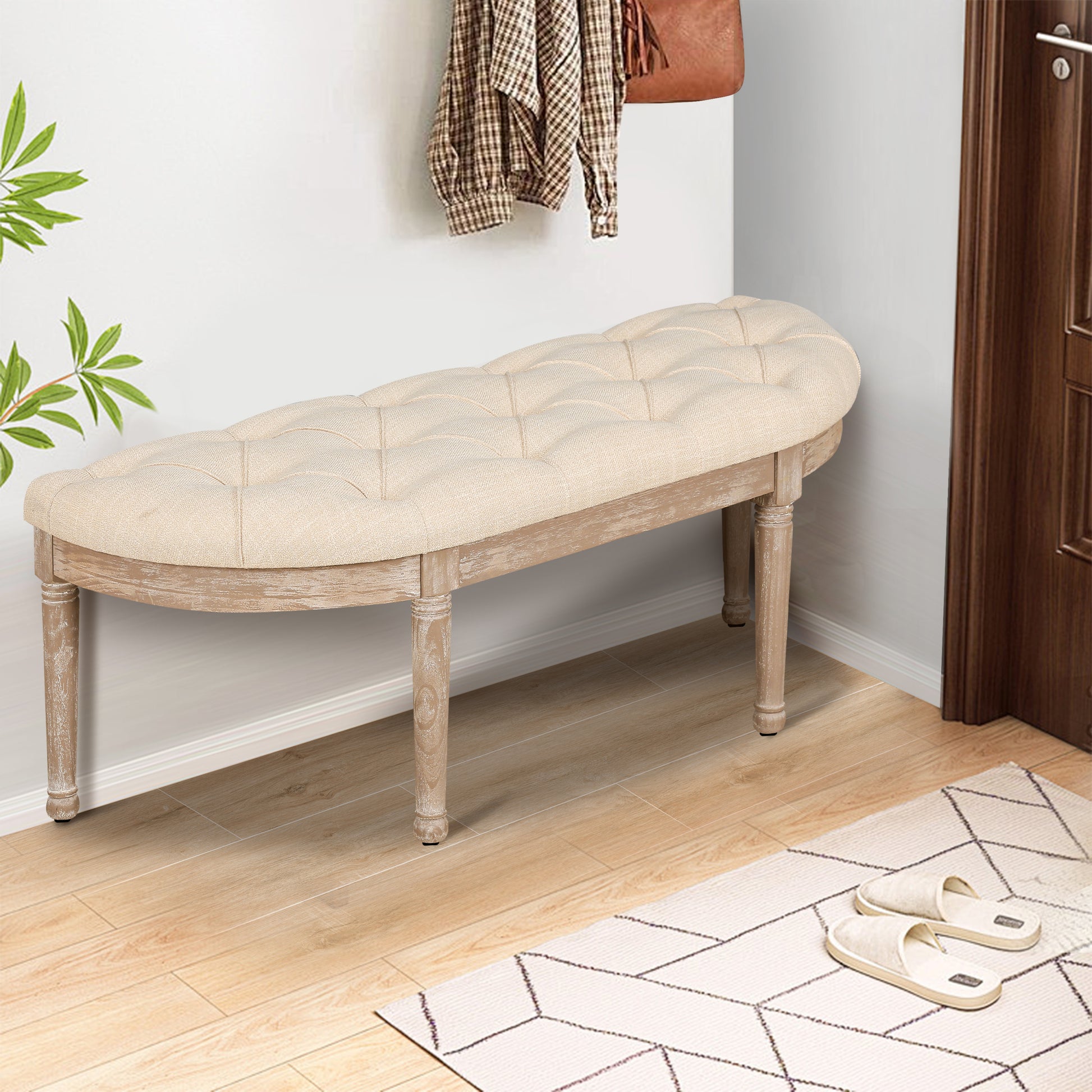 48" Halfmoon Entryway Bench Tufted Semi Circle Ottoman Bench Seat French Style Upholstered Bed End Bench For Foyer Mudroom Bedroom Beige Light Brown Bedroom Medium Soft French Country Wood Memory Foam Linen