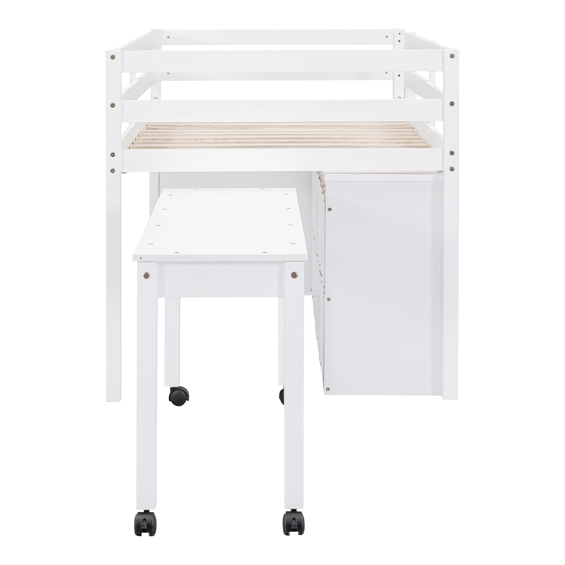 Twin Size Loft Bed With Retractable Writing Desk And 4 Drawers, Wooden Loft Bed With Lateral Portable Desk And Shelves, White White Solid Wood Mdf