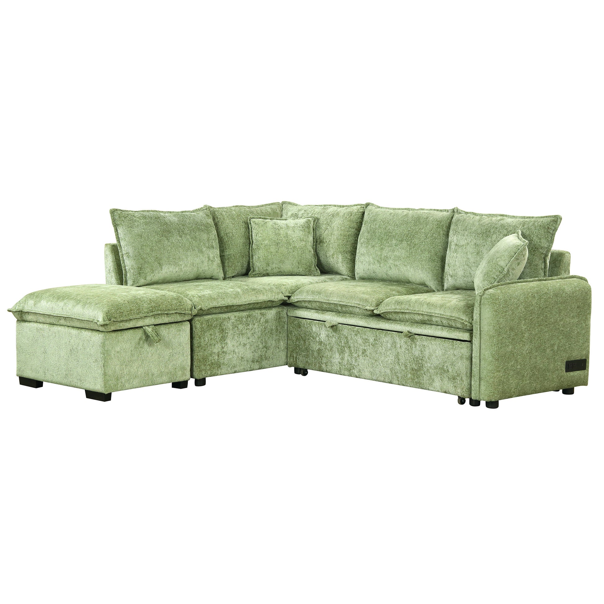 82.67"Convertible Sofa Bed Sectional Sofa Sleeper L Shaped Sofa With A Storage Ottoman,Two Pillows, Two Power Sockets And Two Usb Ports For Living Room, Green Green Foam Chenille 4 Seat