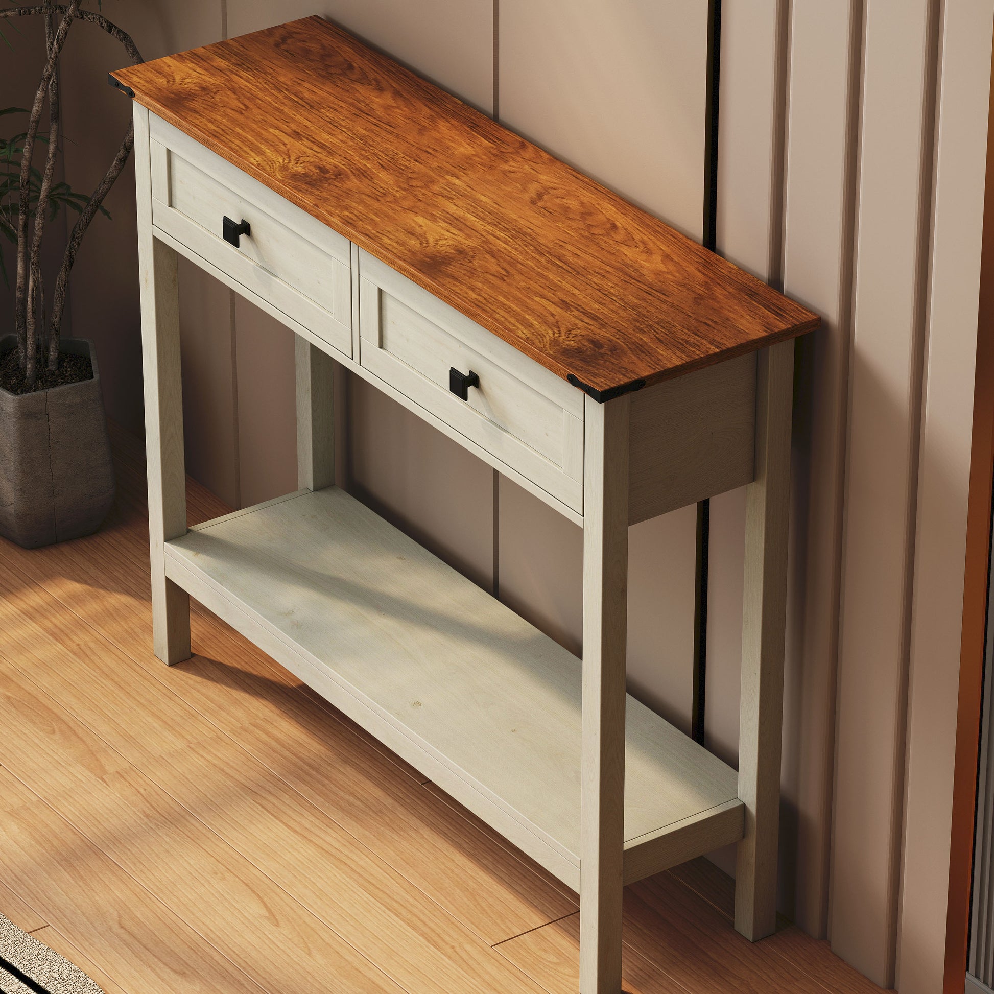 Farmhouse Style Console Table With 2 Drawer And Bottom Storage Shelf For Entryway, Rustic Side Table With Storage Drawer And Shelf For Living Room, Hallway Antique White Primary Living Space Farmhouse,Rustic Freestanding Drawers Console Tables