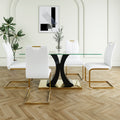 Modern Style Glass Dining Table, Elegant Transparent Design, Solid Support Base, White Dining Chair Set, Gold Plated Legs, Suitable For Restaurant Kitchen Use Set Of 5 White Gold Seats 4 Mdf Glass