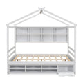 Full House Bed With Roof Frame, Bedside Shelves, Under Bed Storage Unit,White Full White American Design Pine