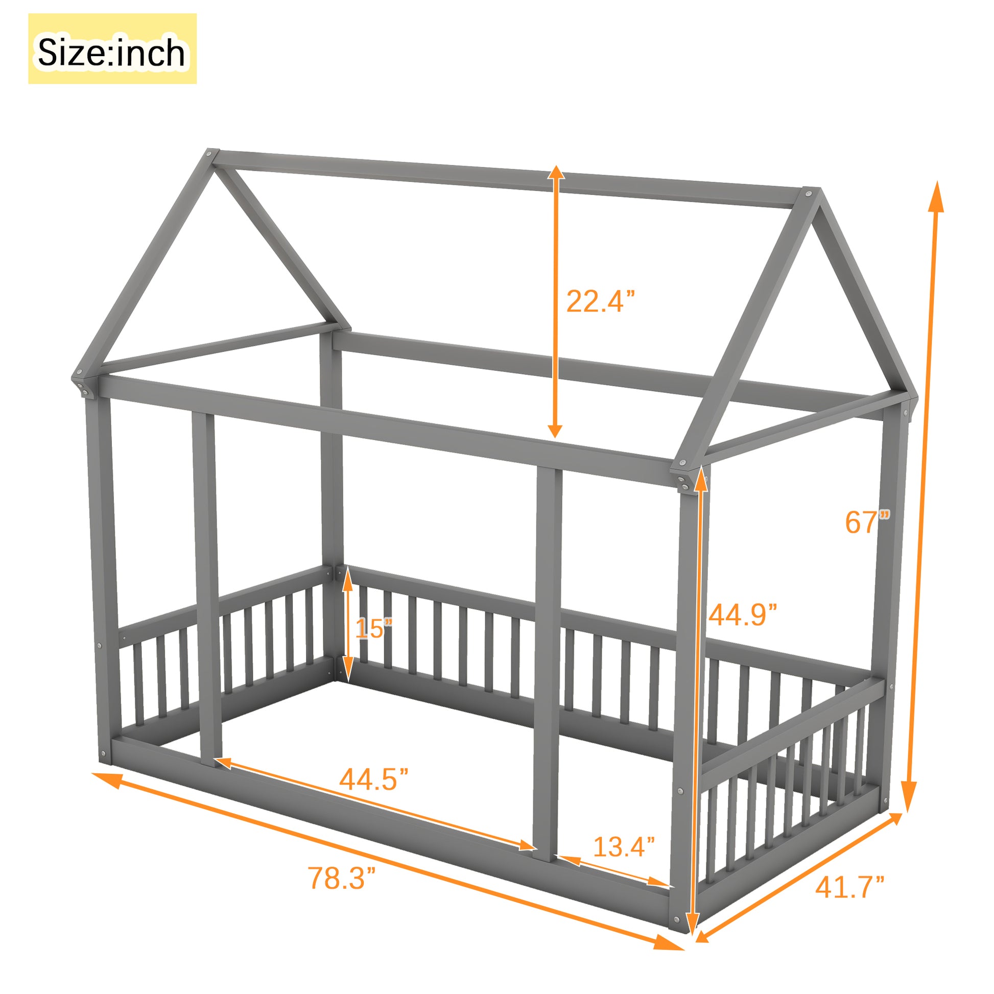 Twin Size Floor Wooden Bed With House Roof Frame And Safety Guardrails ,Gray Twin Gray Pine