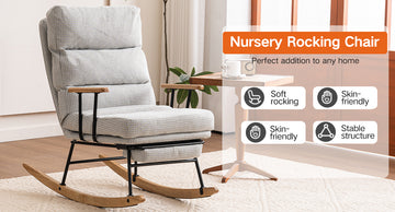 Modern Teddy Gliding Rocking Chair With High Back, Retractable Footrest, And Adjustable Back Angle For Nursery, Living Room, And Bedroom Grey Fabric