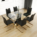 Modern Style Glass Dining Table, Elegant Transparent Design, Solid Support Base, Black Dining Chair Set, Gold Plated Chair Legs, Suitable For Restaurant Kitchen Use Set Of 7 Black Pu Glass