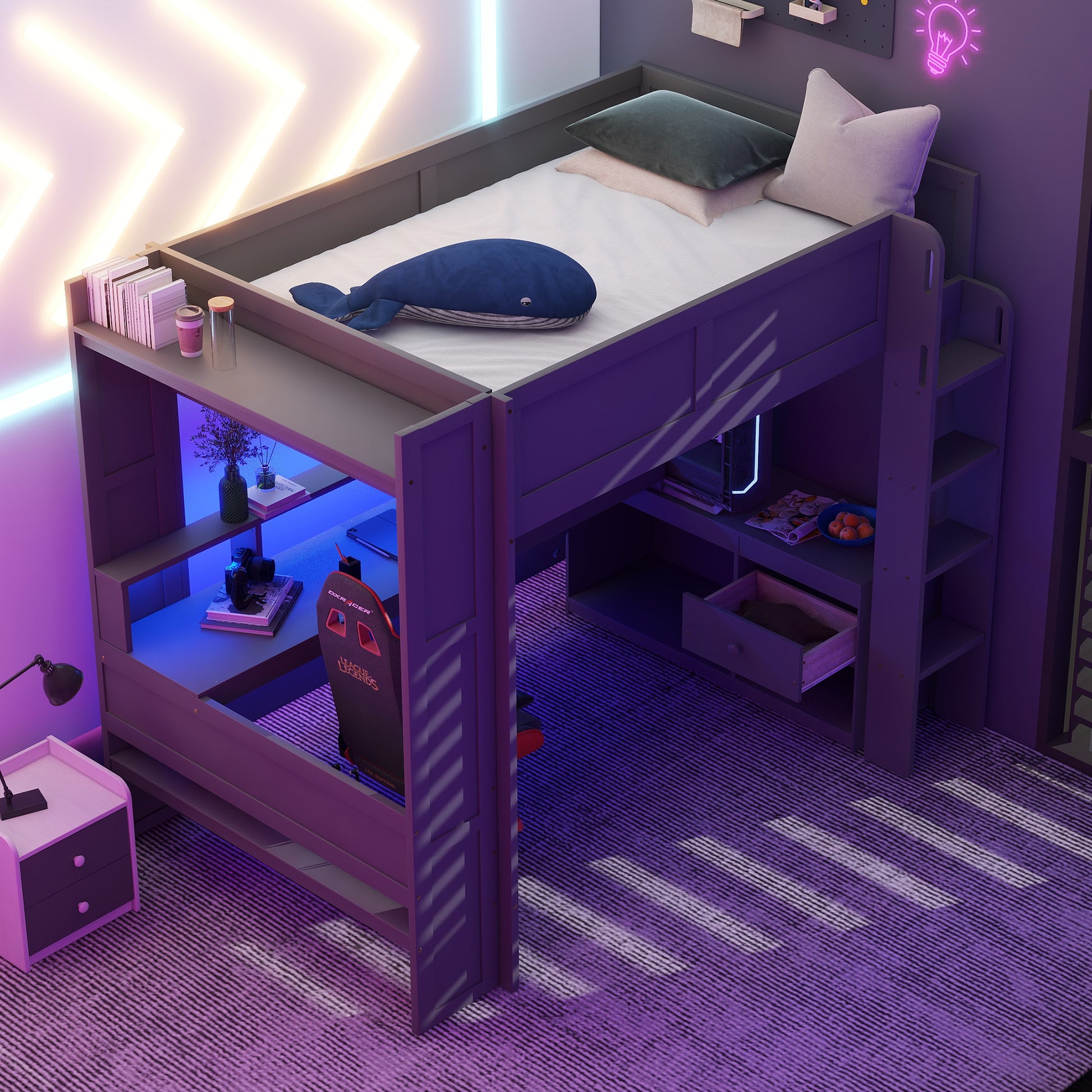 Wood Full Size Gaming Loft Bed With Desk, Multi Storage Shelves, Led And Charging Station, Dark Gray Box Spring Not Required Full Dark Gray Wood Bedroom Bed Frame Solid Wood Mdf
