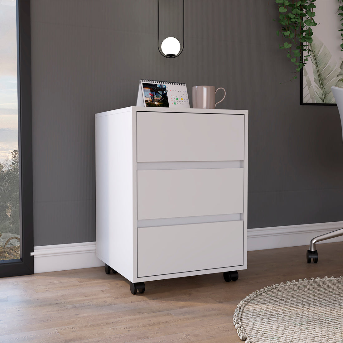 Artemisa 3 Drawer Filing Cabinet, Four Casters, Superior Top White White Office Modern Particle Board Particle Board