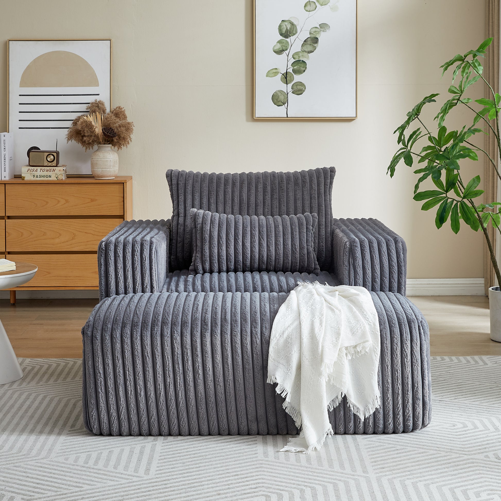 62.5 Inch Corduroy Sponge Sofa Lounge Chair With Removable Footrest,No Assembly Required,Fluffy Modern Sleeper Chair For Indoor Living Room Bedroom Grey Foam Corduroy 1 Seat