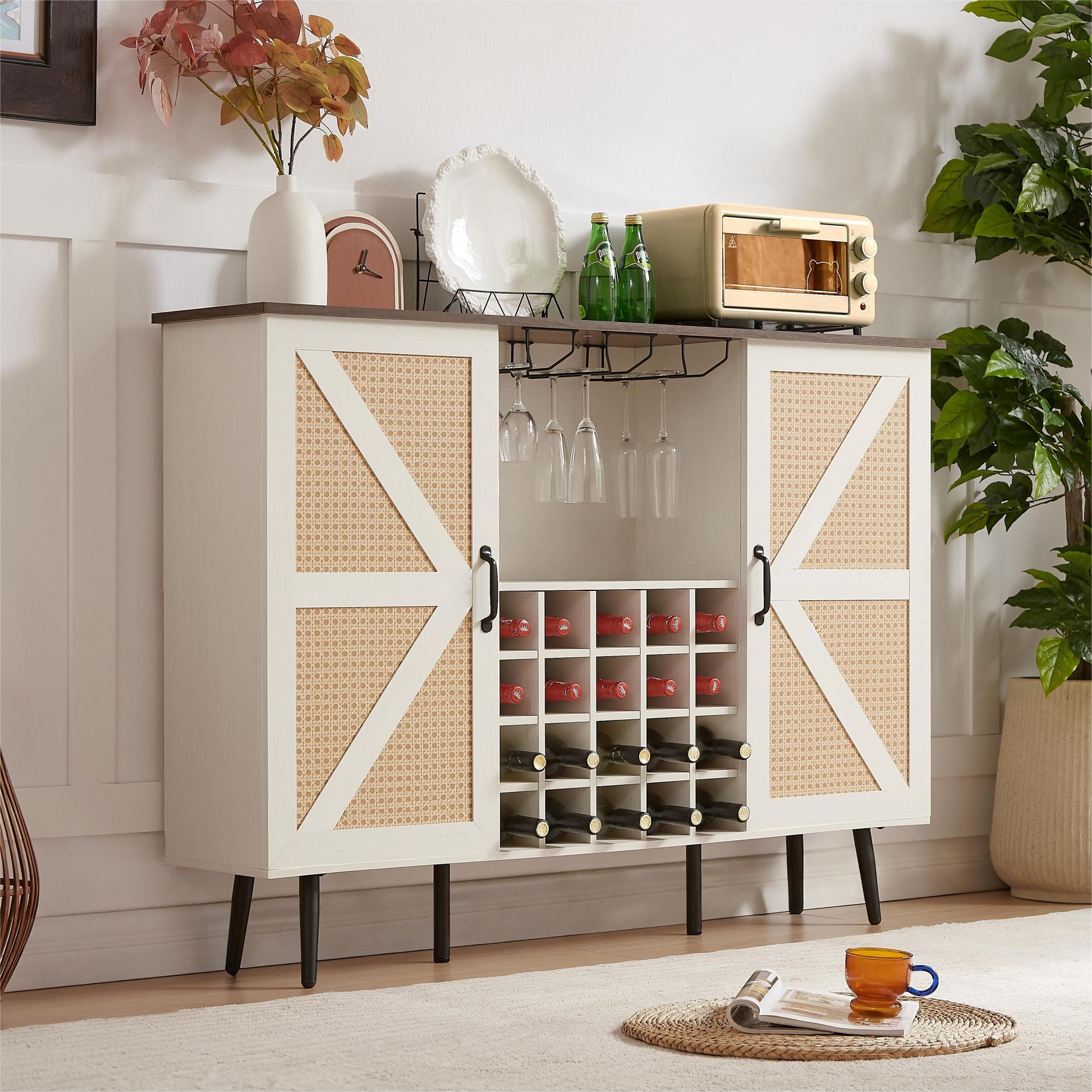 White Faux Rattan Barn Door Wine Cabinet With Wine Rack And Wine Glass Rack, Double Door Design With Removable Shelves, Rustic Wood Storage Cabinet White Walnut Particle Board Mdf