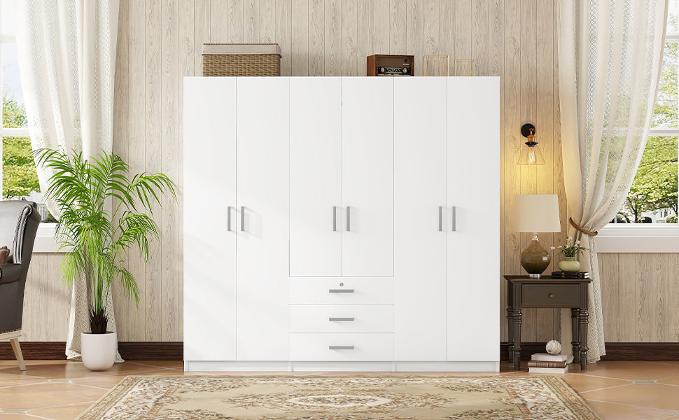 6 Doors Wooden Wardrobe Storage For Bedroom, With Big Drawers, White White Plywood