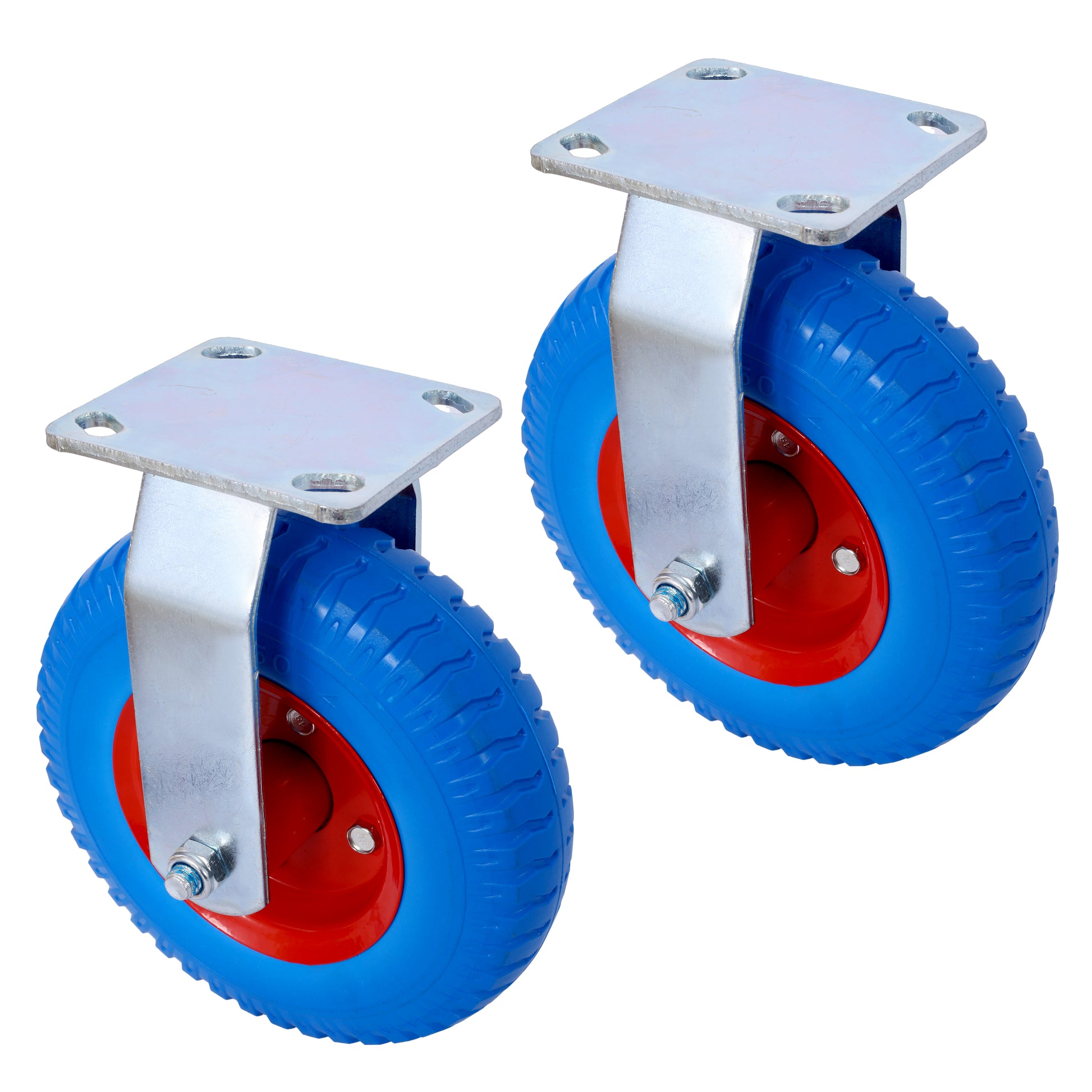 4Pcs 8In Caster Flat Free 2Pcs Swivel 2Pcs Rigid , Caster Wheel, Swivel Plate, Steel Hub With Ball Bearings, 5 8 Inch Bore Centered Axle Blue Blue Rubber