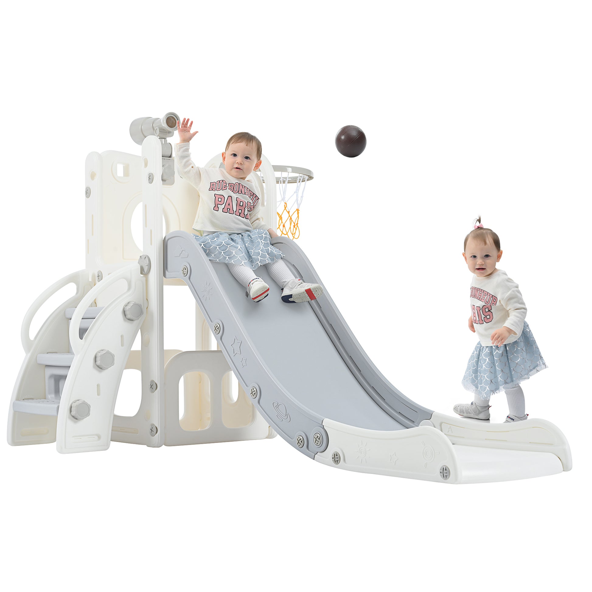 5 1 Toddler Slide Set, Freestanding Space Set With Slide, Kids Slide Playset Structure, Telescope And Basketball Hoop, Toy Storage Space, Kids Climbers Playground Blue 50 99 Lbs Cute 1 To 2 Years Hdpe Indoor & Outdoor Use