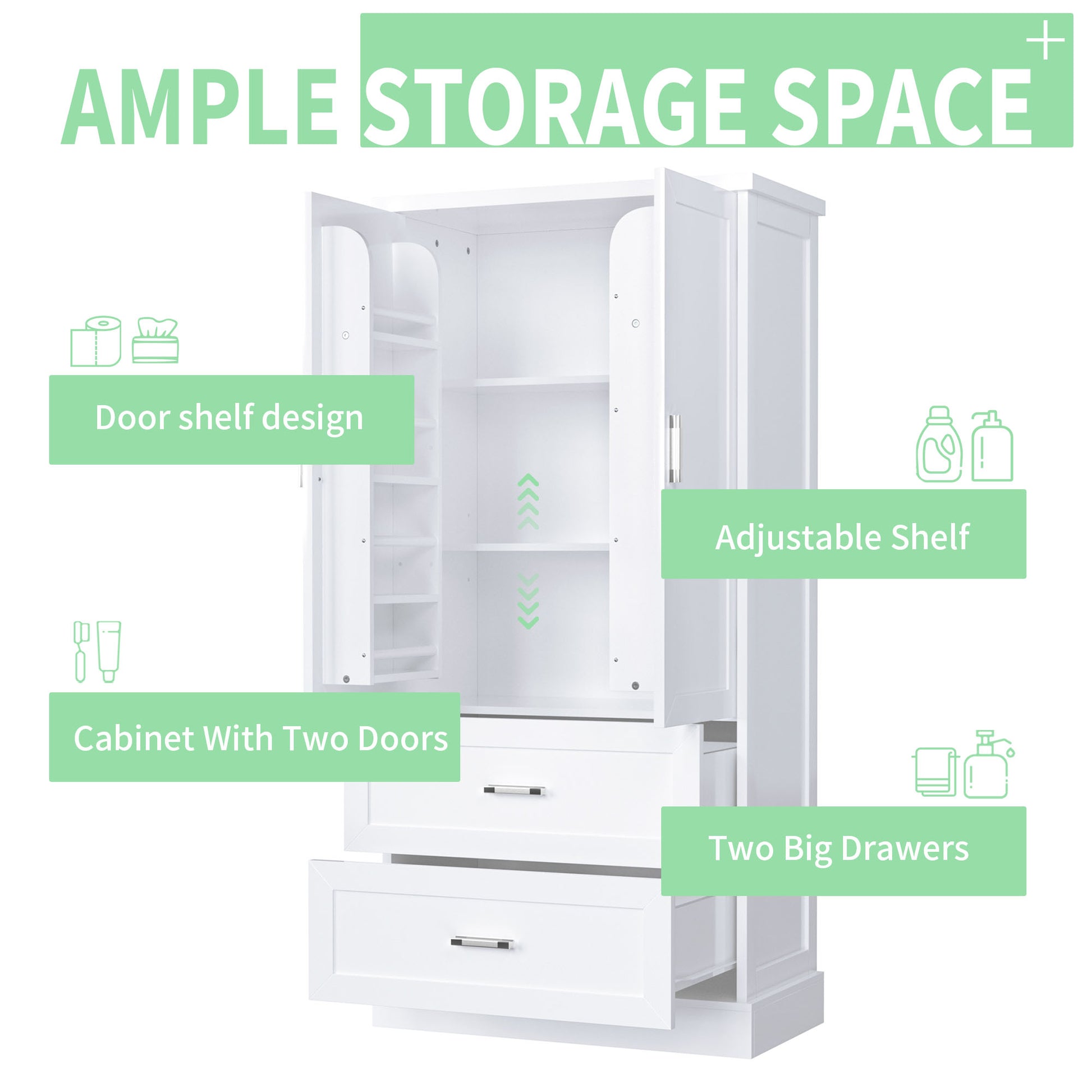 Tall Bathroom Storage Cabinet, Cabinet With Two Doors And Drawers, Adjustable Shelf, Mdf Board, White White Mdf