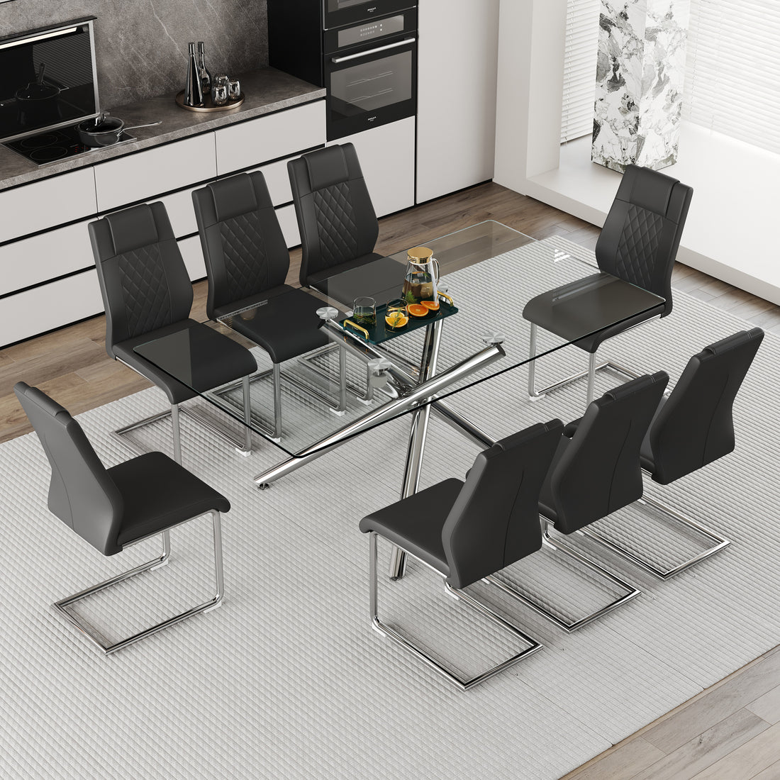 Table And Chair Set.Modern Luxurious Transparent Tempered Glass Dining Table Set With 8 Chairs.Single Fork Silver Metal Table Legs.Black High Quality Pu Dining Chairs With Silver Metal Legs.