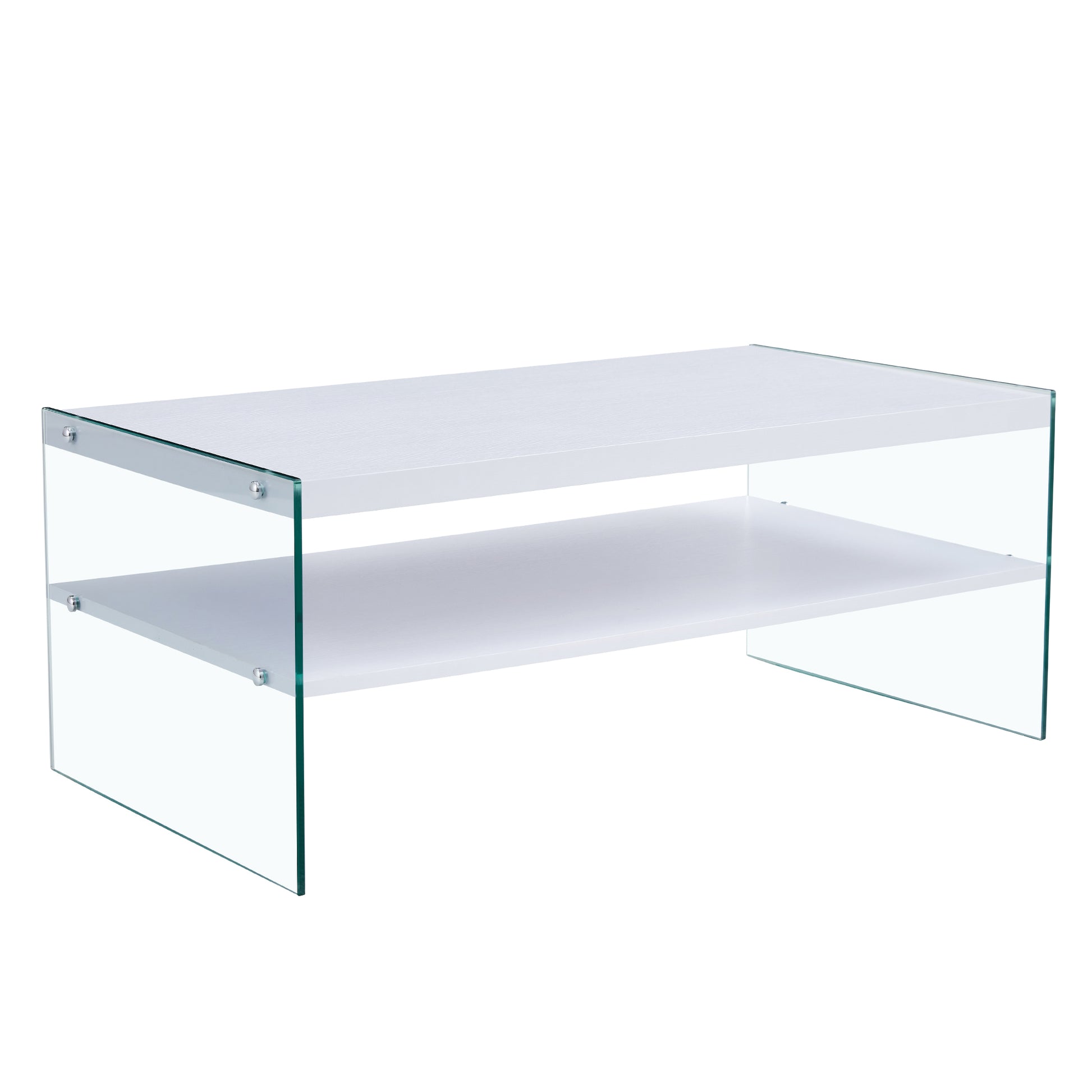 Double Rectangular Coffee Table. The Board Surface Is Mdf, With White Stickers, And Both Sides Are Transparent Tempered Glass. Suitable For Living Room, Bedroom And Other Occasions. White Mdf Glass