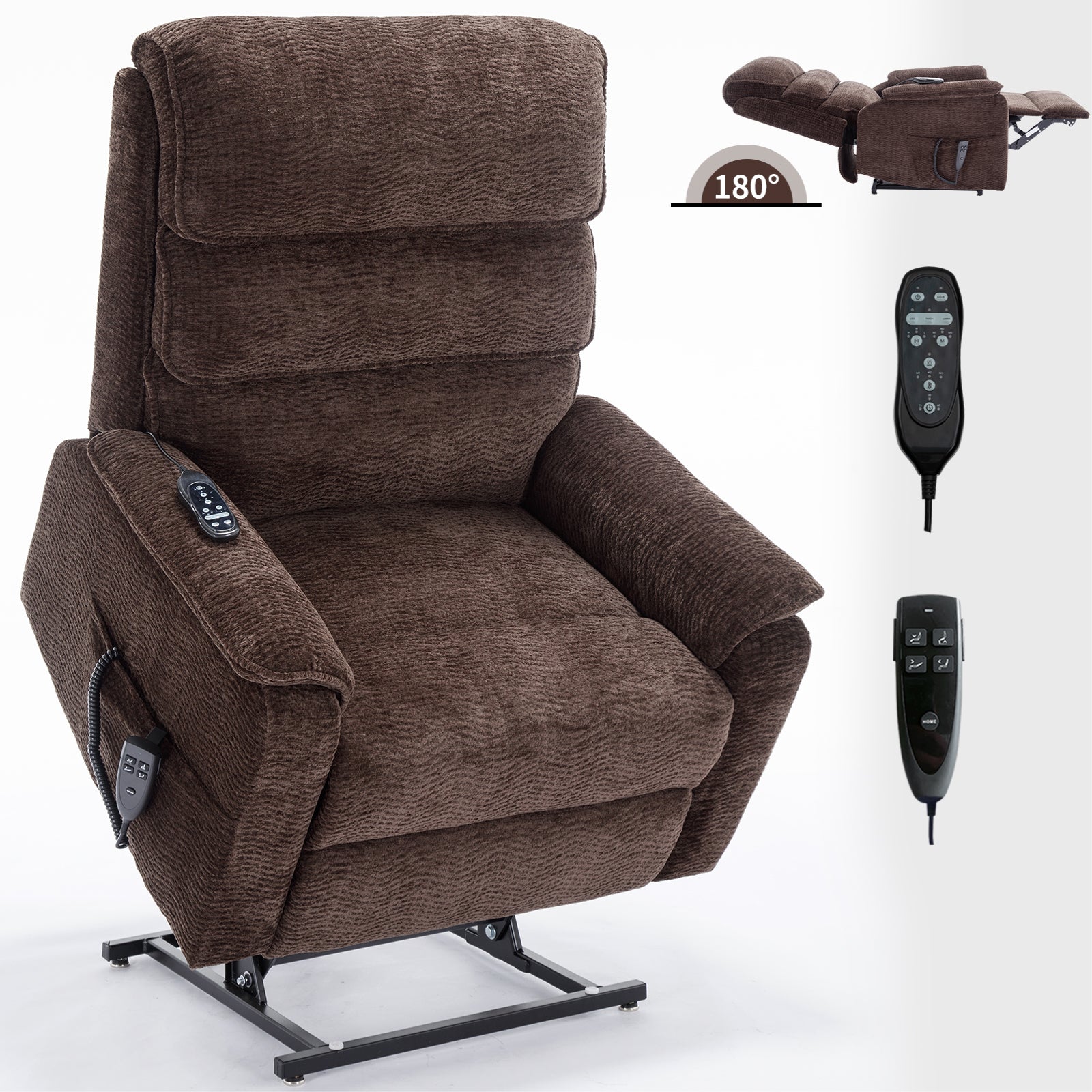 Brown Chenille Dual Motor Infinite Position Up To 350 Lbs Power Lift Recliner Chair With Power Remote, Heat Massage And Heavy Duty Motion Mechanism White Metal Primary Living Space Heavy Duty Push