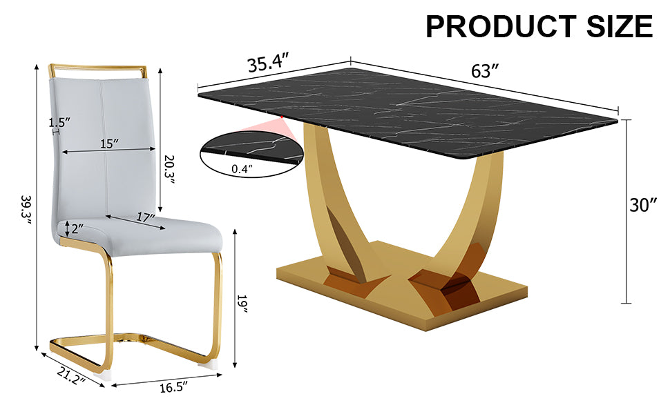 Table And Chair Set.Modern Rectangular Dining Table With Black Textured Stickers Glass Tabletop And Gold Plated Metal Legs.Paried With 4 Comfortable Chairs With Pu Seats And Golden Metal Legs. Gold,Light Gray Seats 4 Glass Metal