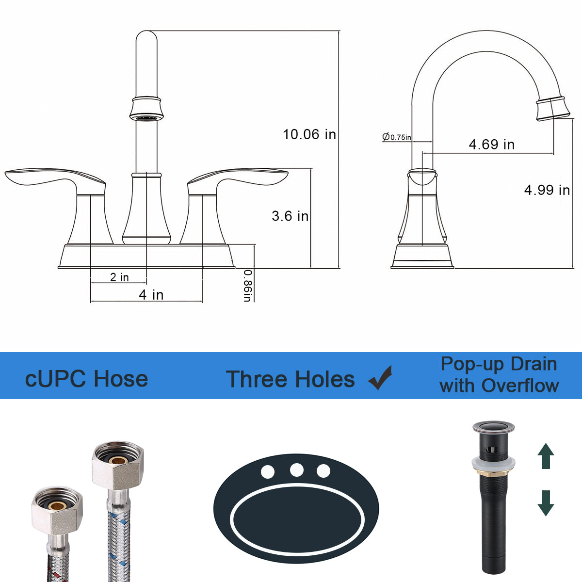 2 Handle 4 Inch Oil Rubbed Bronze Bathroom Faucet, Bathroom Vanity Sink Faucets With Pop Up Drain And Supply Hoses Oil Rubbed Bronze Metal
