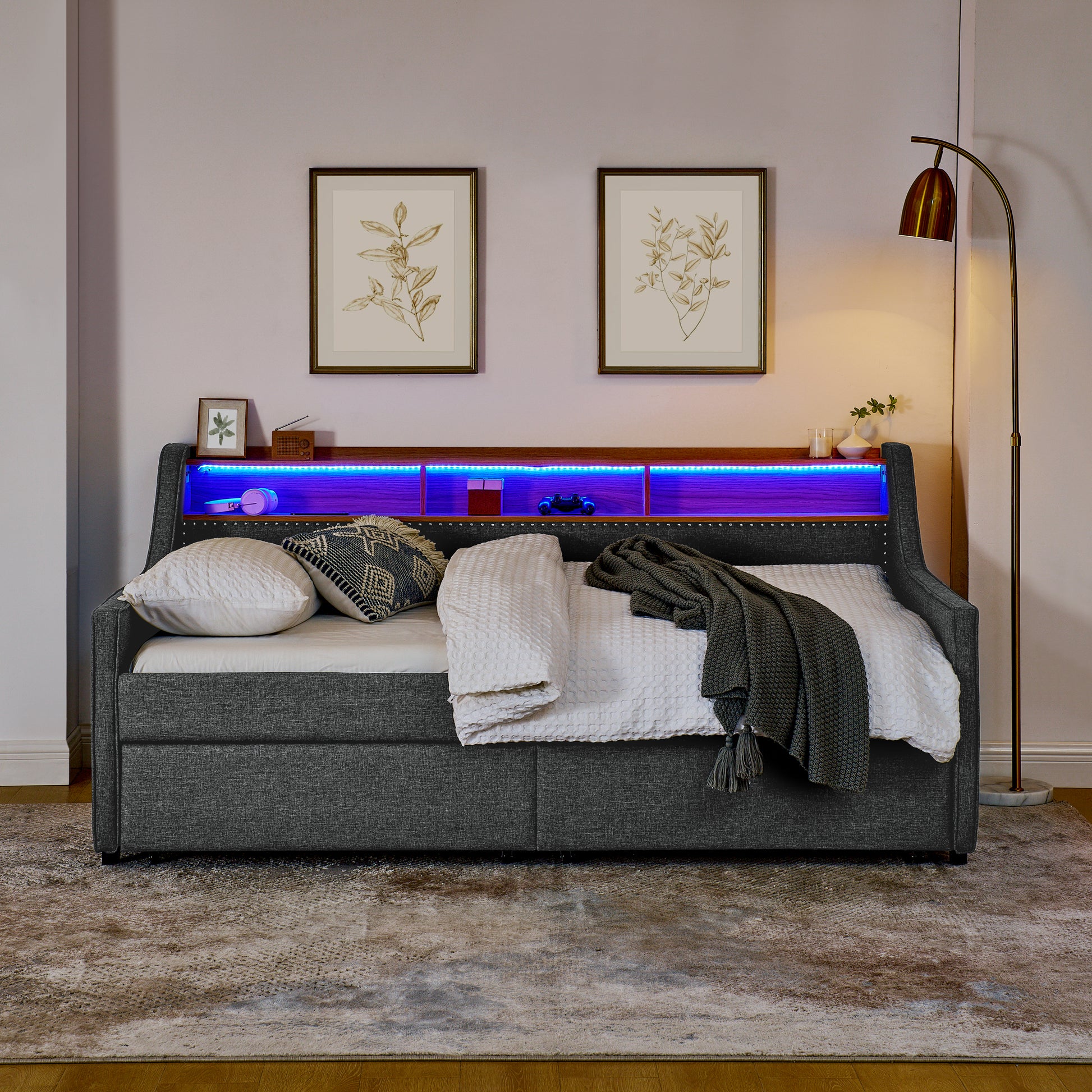 Twin Size Upholstery Sofa Bed With Three Led Lights, With Storage Adjustable Headboard, With Two Storage Pull Up Drawers And Wireless Charging, Linen Padded Sofa Bed Frame, Grey Box Spring Not Required Twin Grey Composite Bedroom Classic Eucalyptus Foam