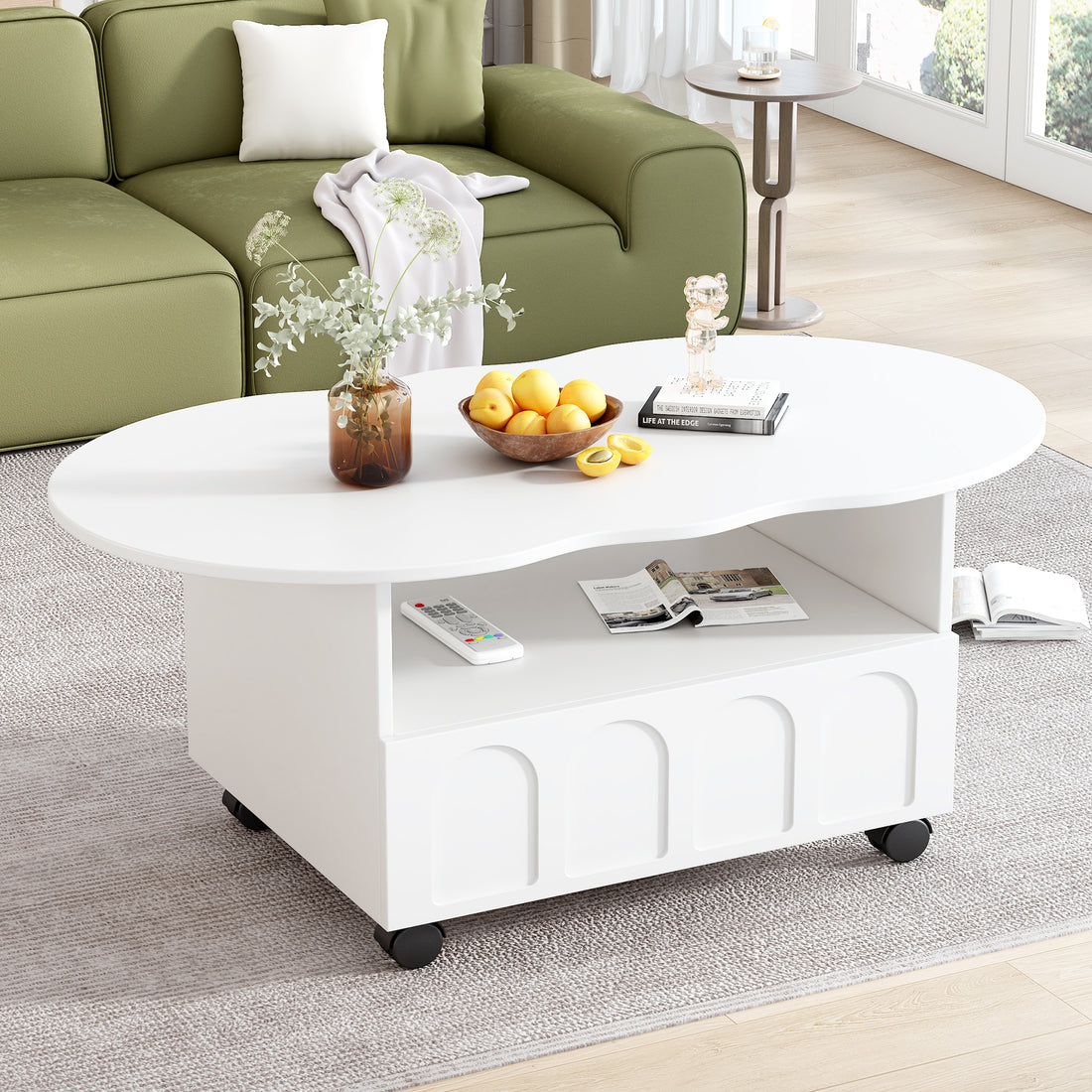 Flexible Cream Style Coffee Table With 2 Brake Wheels, Cloud Top Side Table With Drawer, Irregular Center Table With Large Storage For Living Room, White, 39.37''X 23.6'' White Particle Board