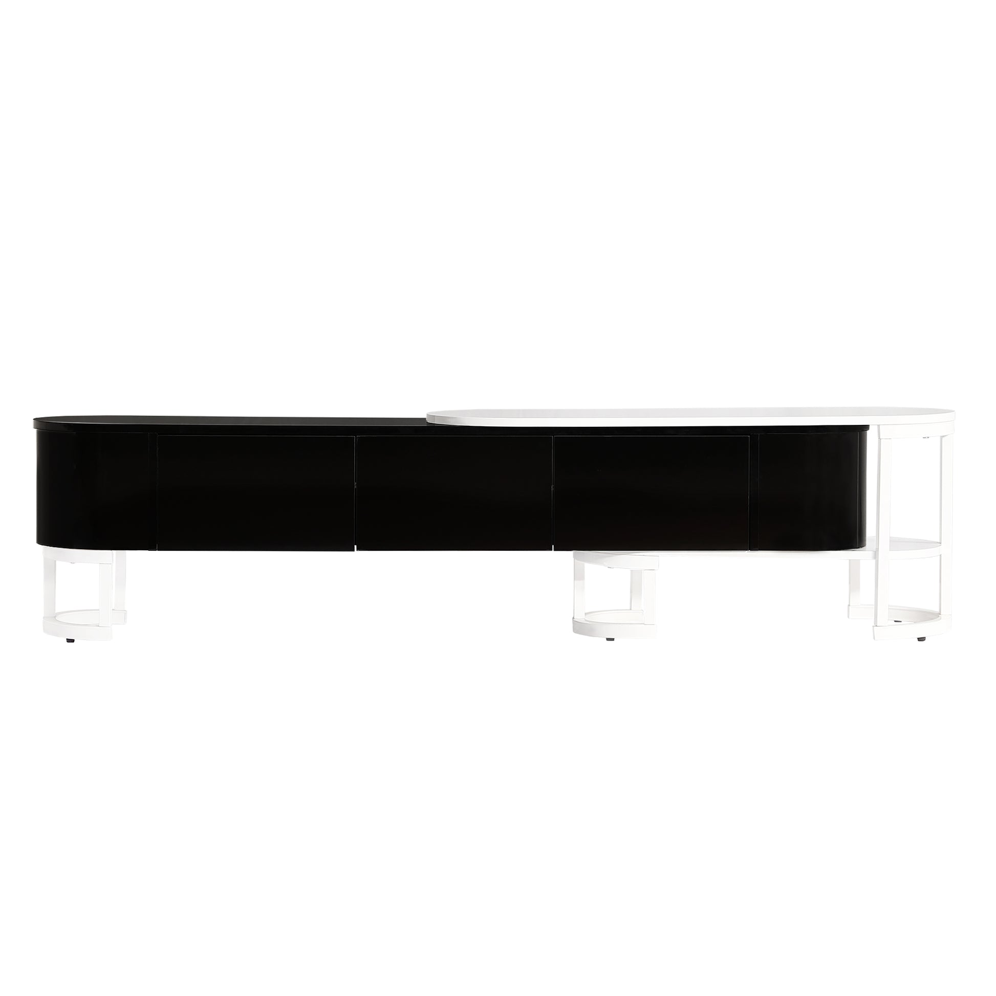 67.7'' 76.4'' Modern Extendable Tv Stand For Tvs Up To 75 Inches, Entertainment Center Media Console With 3 Drawers, Metal Adjustable Legs For Living Room Black White 70 79 Inches Particle Board Mdf