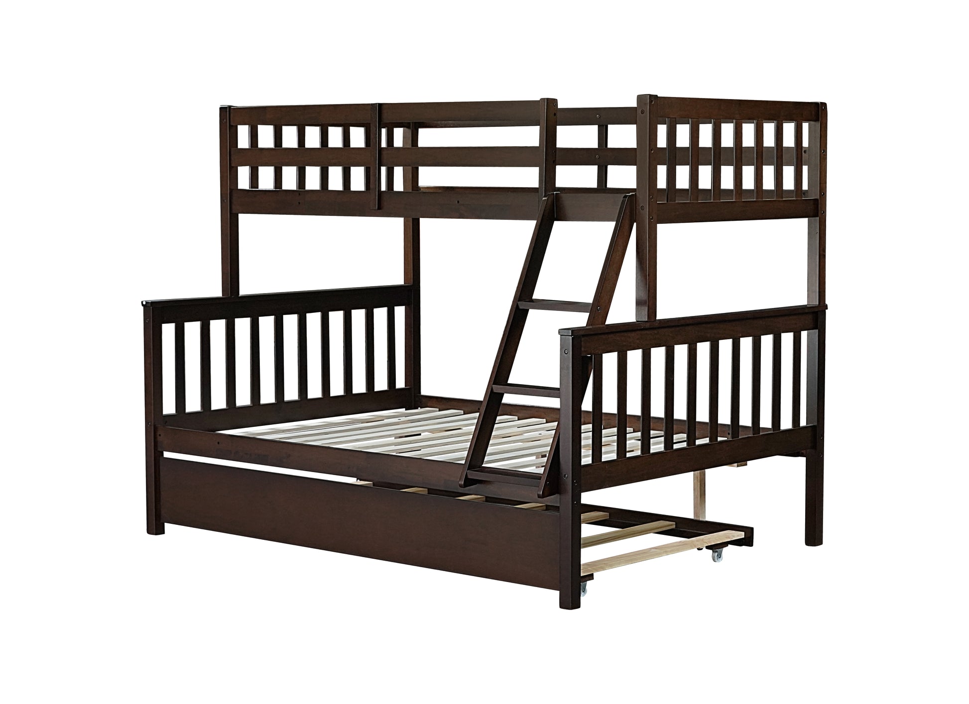 Twin Over Full Rubber Wood Bunk Bed With Trundle, Convertible Ladder And Guardrail, Detachable, Convertible Bed, With Twin Size Trundle ,Espresso Twin Espresso Rubber Wood