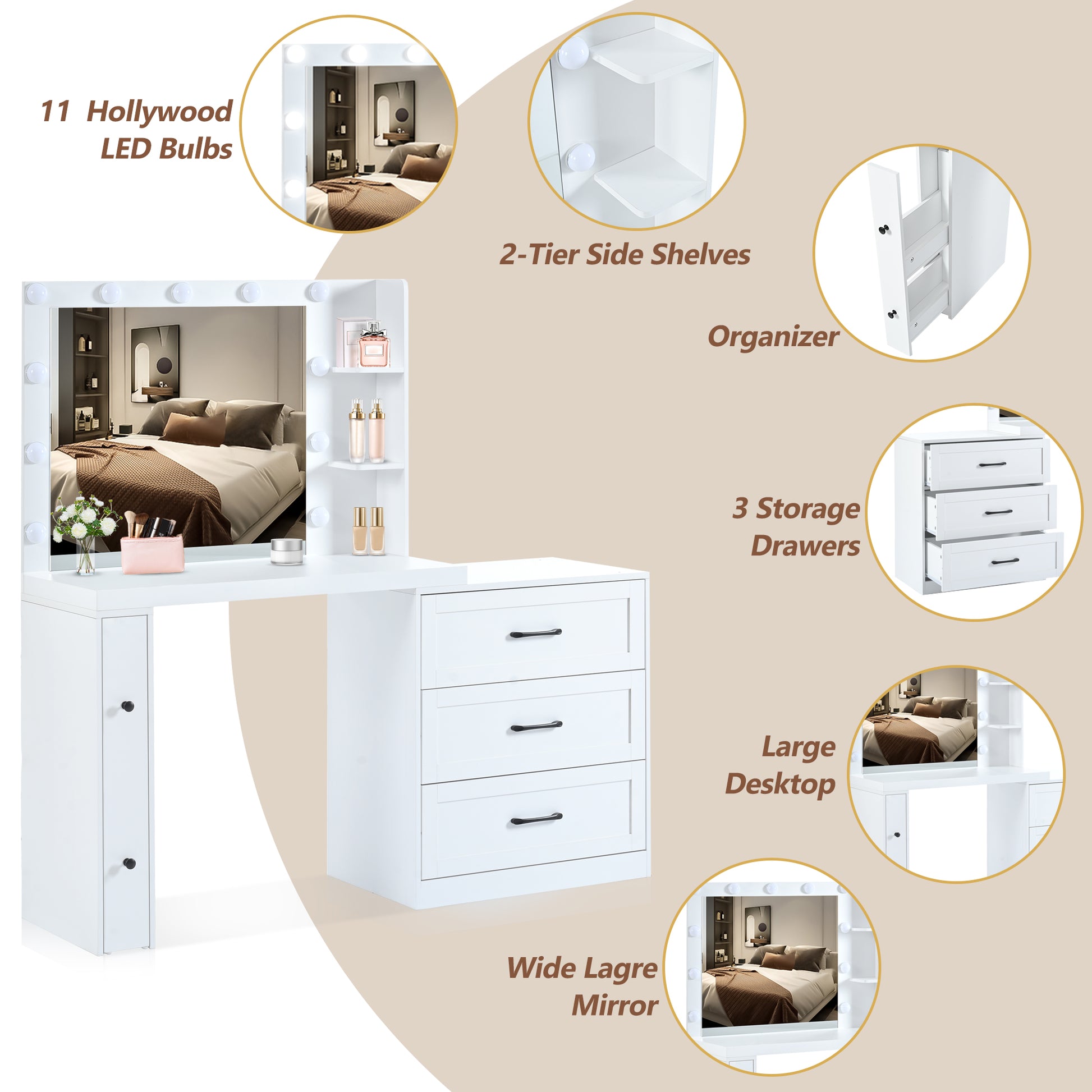 55.2" Vanity Desk With Freely Adjustable Side Cabinet, Makeup Vanity With Hollywood Lights, 5 Storage Drawers & 2 Shelves, Modern Dressing Table, White White Mdf,Tempered Glass