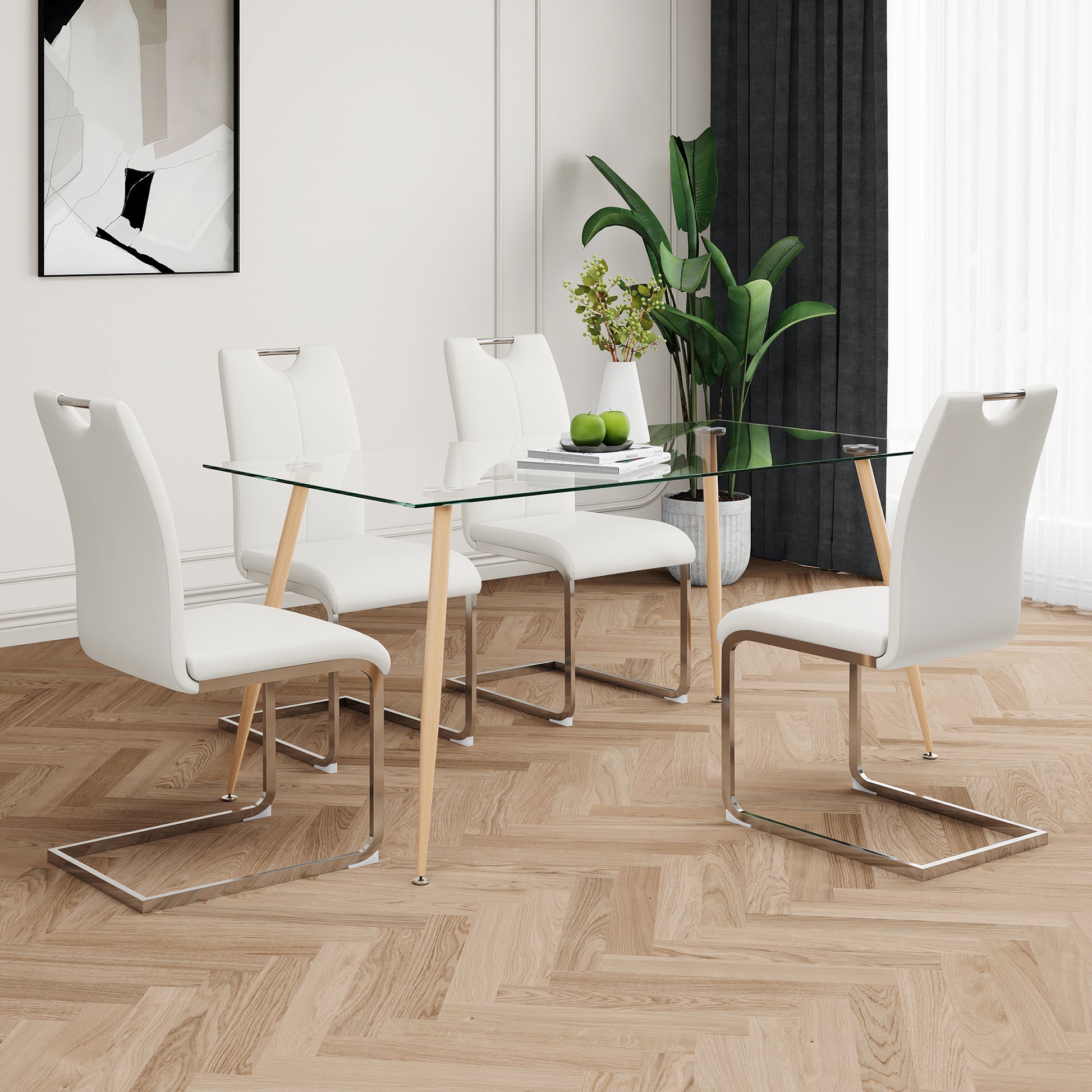 Modern Simple Rectangular Glass Dining Table, Solid Tempered Glass Countertop, Wood Transfer Metal Table Legs, White Pu Dining Chair Set, Suitable For Restaurant Kitchen Use Set Of 5 Upholstered Chair Glass White Pu Seats 4 Metal Rectangular Dining Table