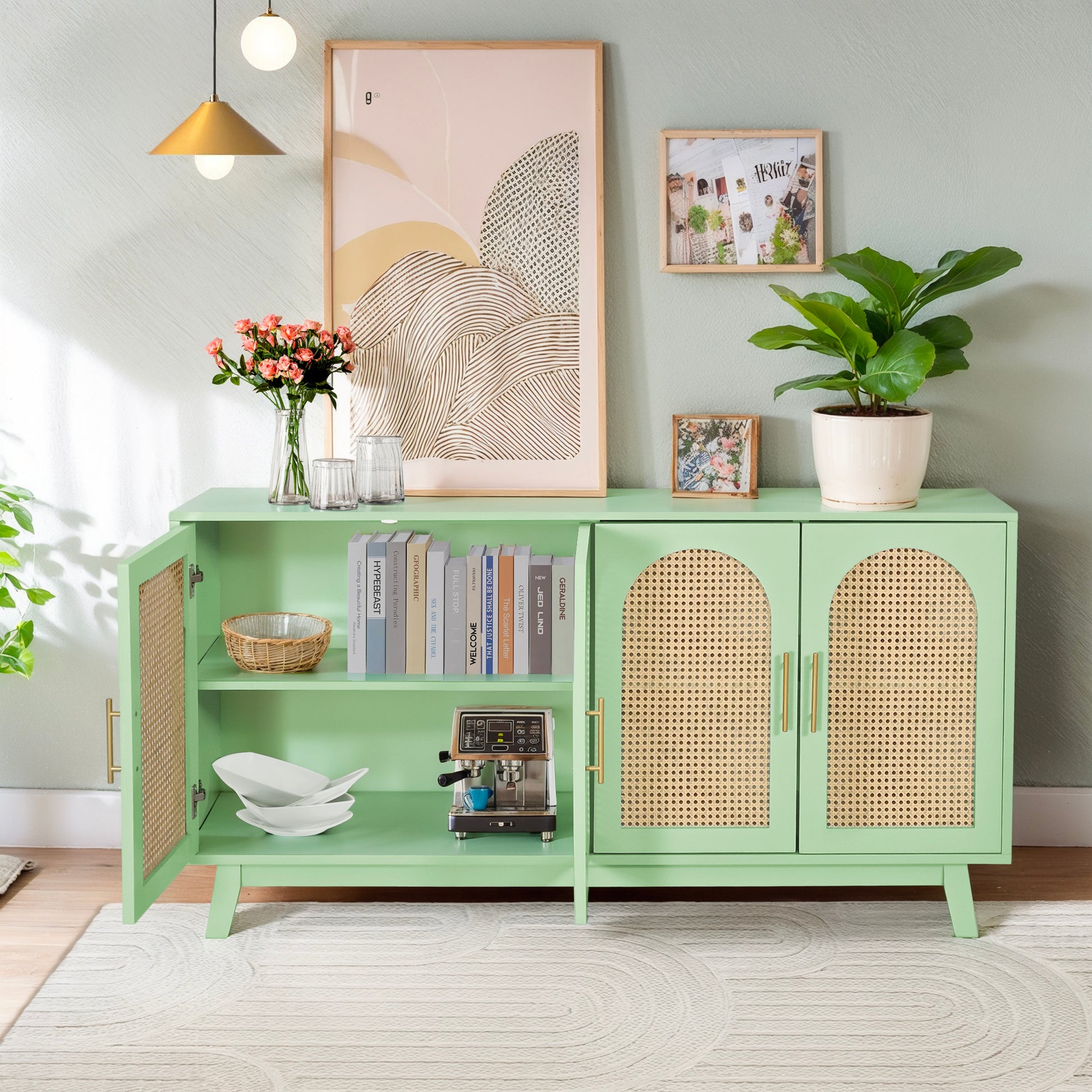 Sideboard Buffet Cabinet With Rattan Doors, Boho 4 Door Cabinet With Metal Handles For Living Room, Hallway, Entryway, Mint Green Mint Green Primary Living Space Mdf