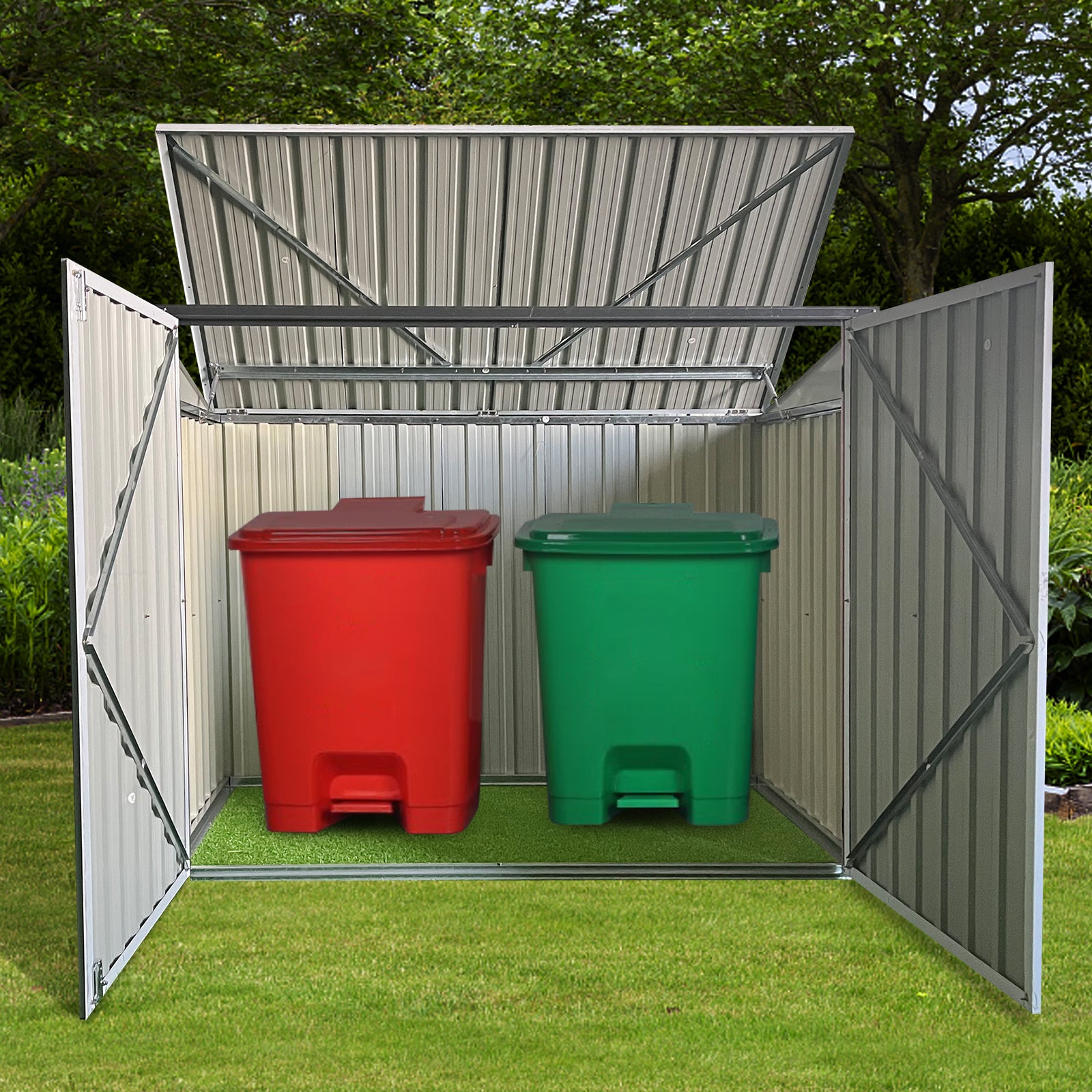 Garbage Bin Shed Stores 2 Trash Cans Metal Outdoor Bin Shed For Garbage Storage,Grey Grey Metal