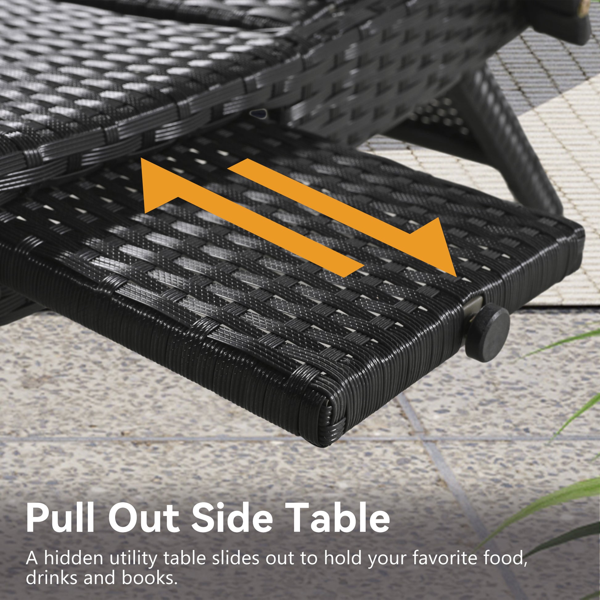 K&K 80'' Outdoor Wicker Chaise Lounge Chairs Set Of 2, Patio Rattan Reclining Chair Pull Out Side Table Adjustable Backrest Ergonomic Wave Design Pool Sunbathing Recliners, Black No Lounge Black