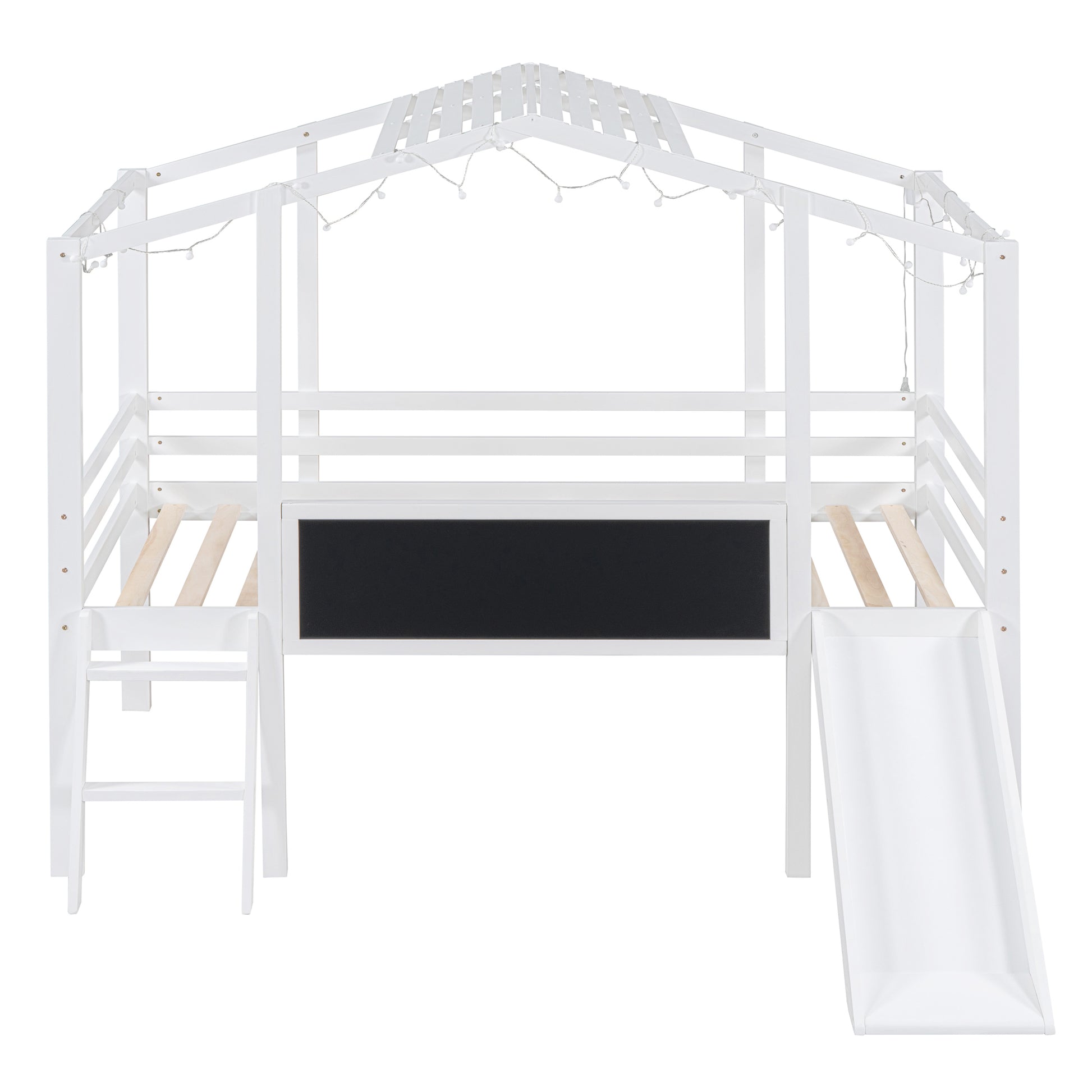 Twin Size Loft Bed With Ladder And Slide, House Bed With Blackboard And Light Strip On The Roof, White Twin White Solid Wood Mdf