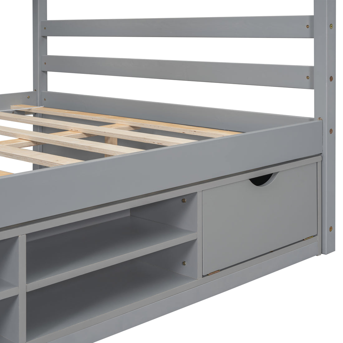 Full House Bed With Roof Frame, Bedside Shelves, Under Bed Storage Unit,Grey Full Grey American Design Pine