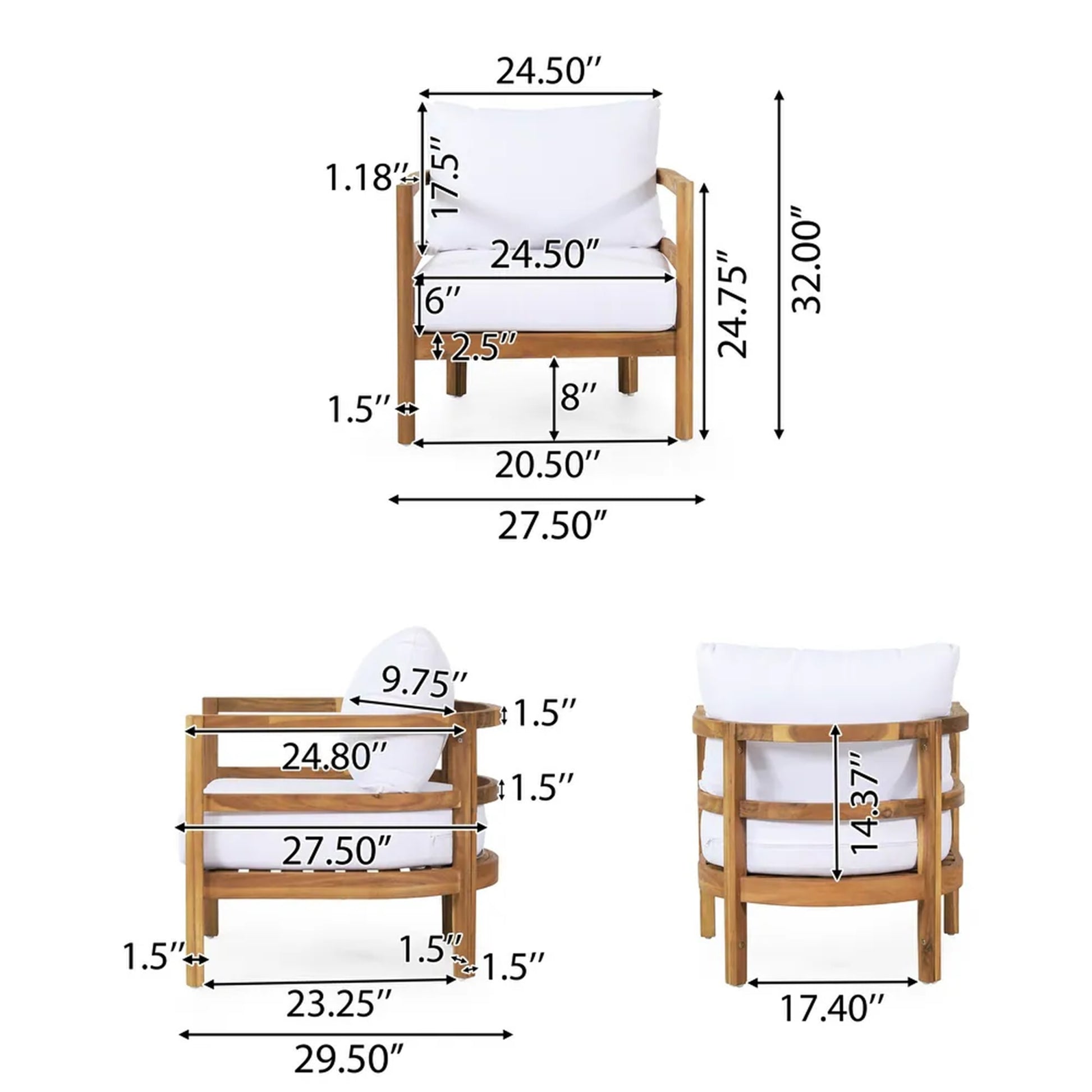 Outdoor Acacia Wood Patio Club Chair, Wood Patio Furniture,Waterproof Thick Cushion Deep Seating For Porch, Garden, Backyard, Balcony, Weight Capacity 400Lbs, Light Teak Finish, White Yes Deep Seating White Garden & Outdoor Foam Acacia Wood