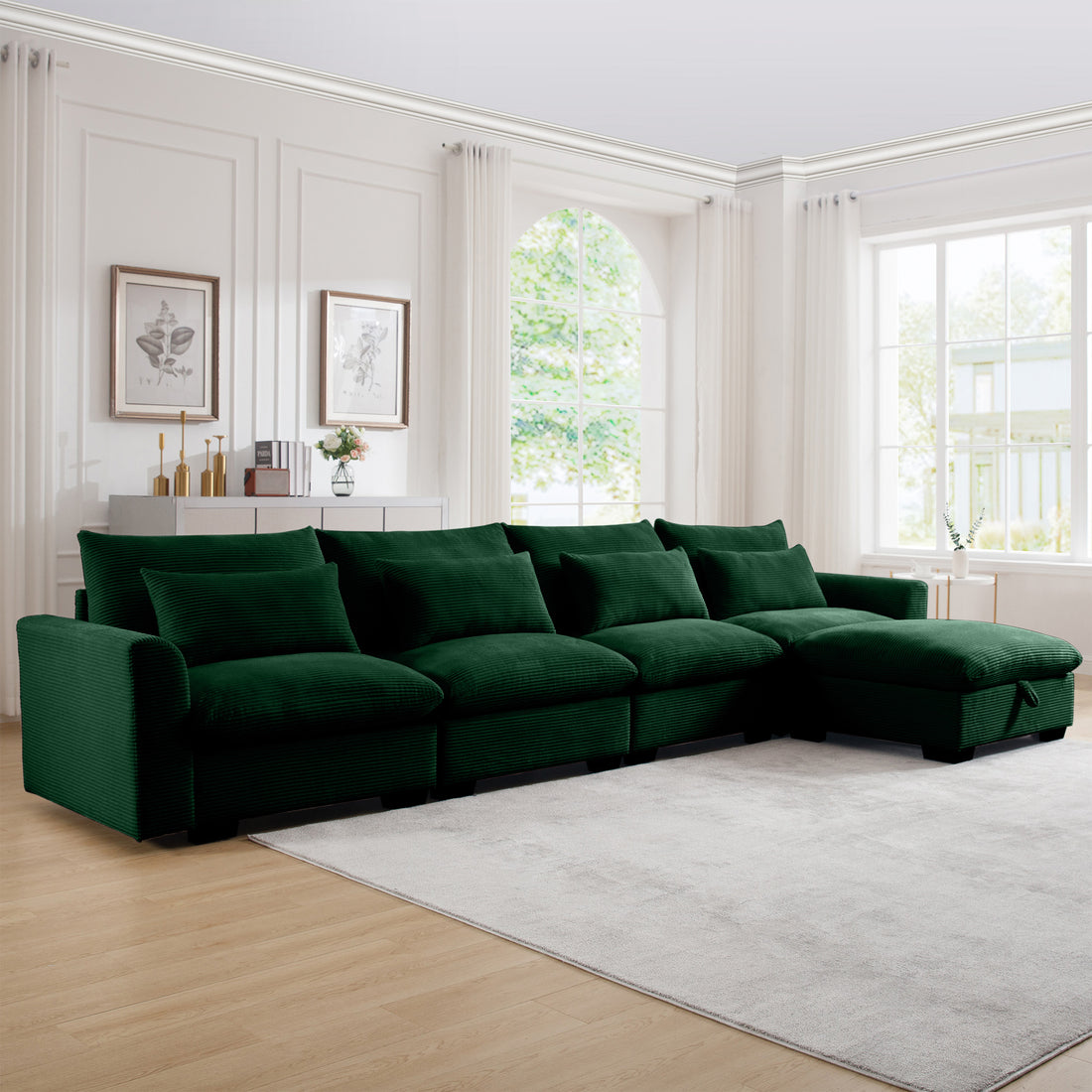 Large L Shape Sectional Corduroy Sofa,Deep Seat Couch With Storage Footstool And 4 Waist Pillows, Green Green Corduroy 4 Seat