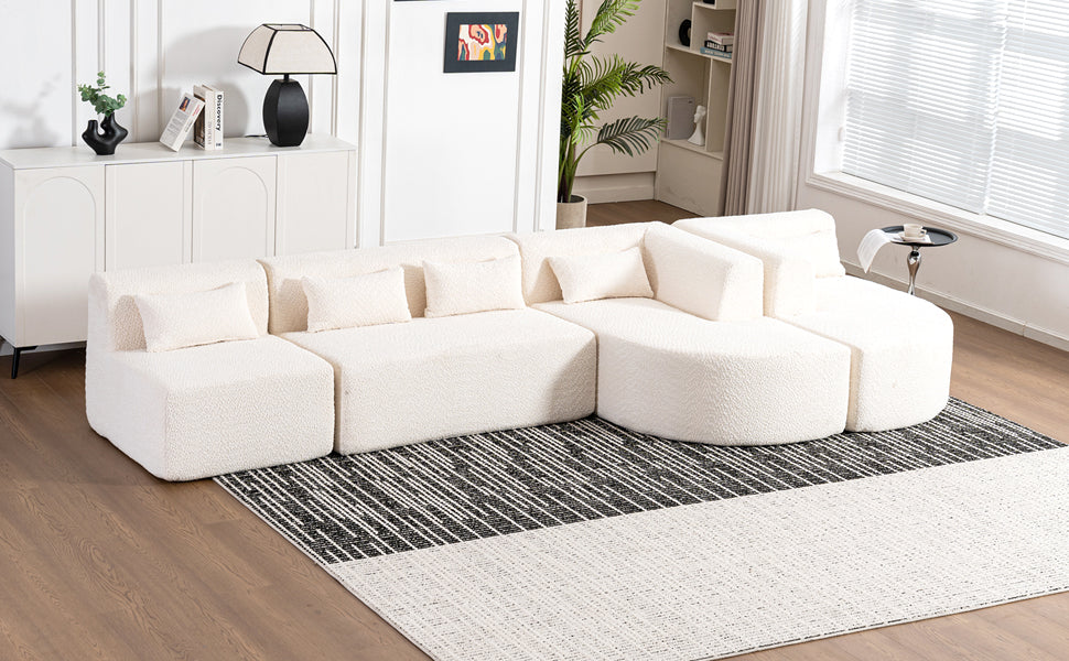 143.7" Upholstered Sofa Free Combined Sofa Couch With Two Chaise Lounge And Five Back Pillows For Living Room, Beige Beige Foam Polyester 5 Seat