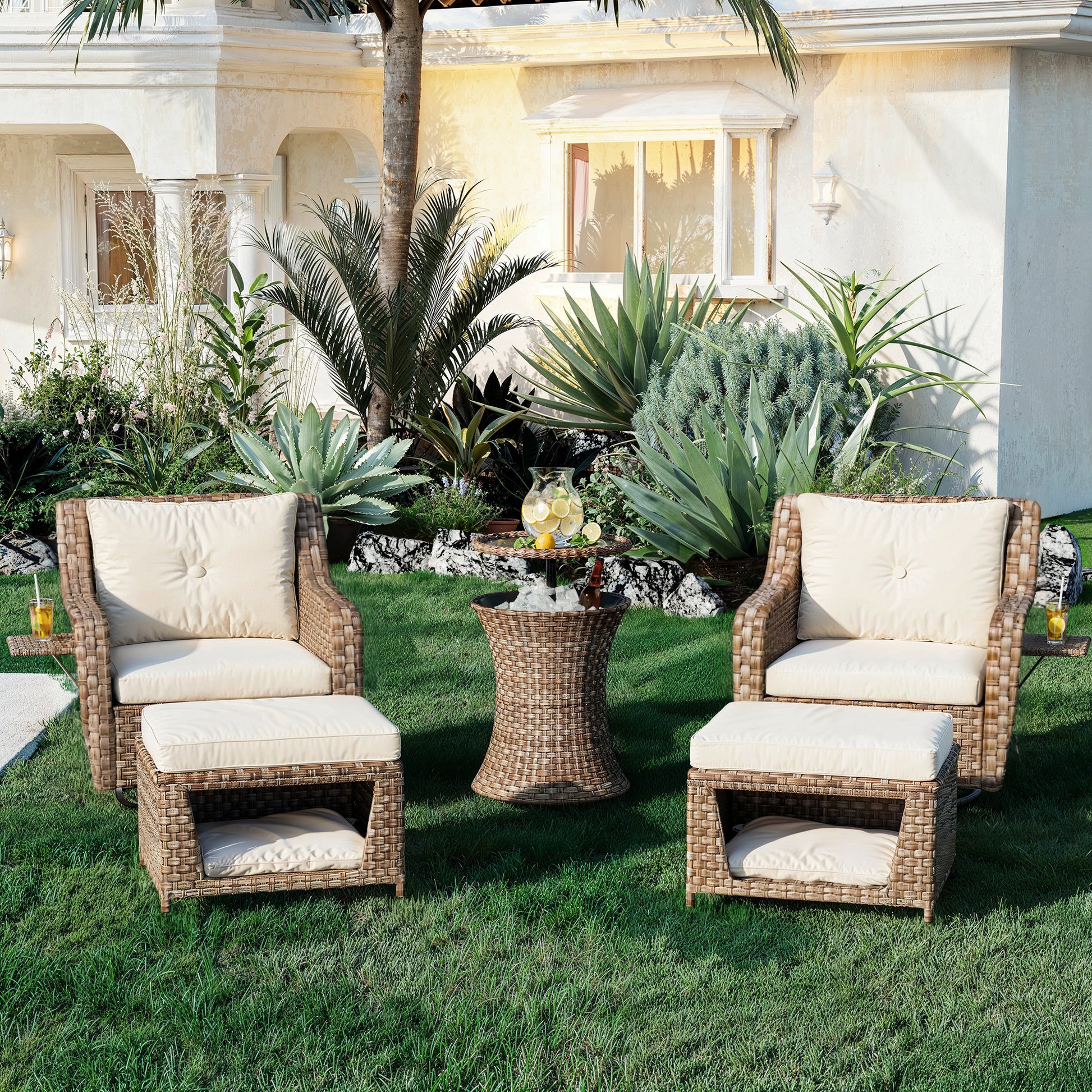 K&K 5 Pieces Outdoor Patio Furniture Set With Pet House Cool Bar And Retractable Side Tray, Rattan Wicker Patio Swivel Rocking Chairs Set Of 2 With Ottomans For Backyard, Porch, Balcony, Beige Yes Rocker & Glider Brown Beige Seats 2 Weather Resistant